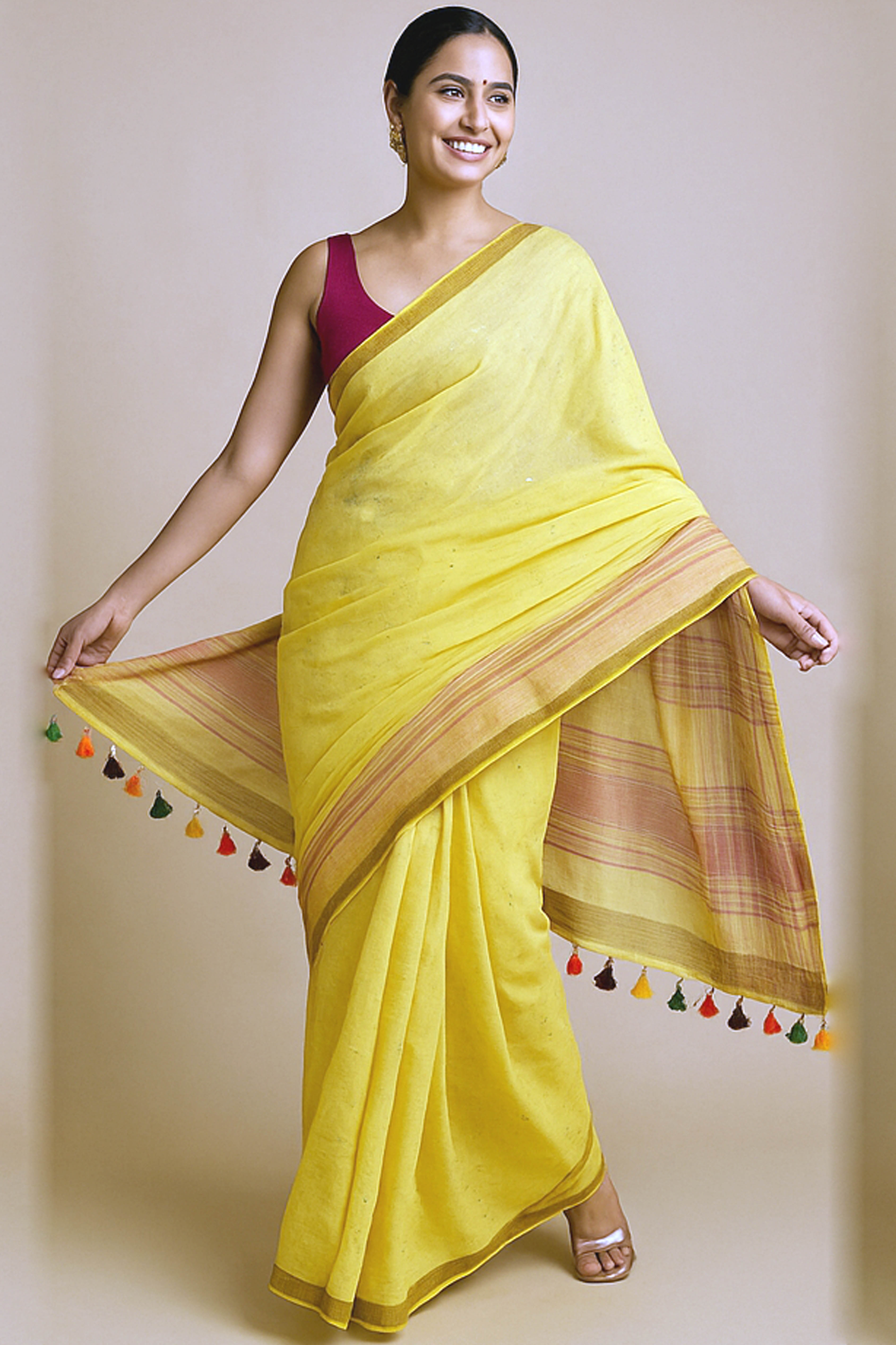 Pure Linen Saree in Lemon Yellow with Sequins - Indian Handloomz