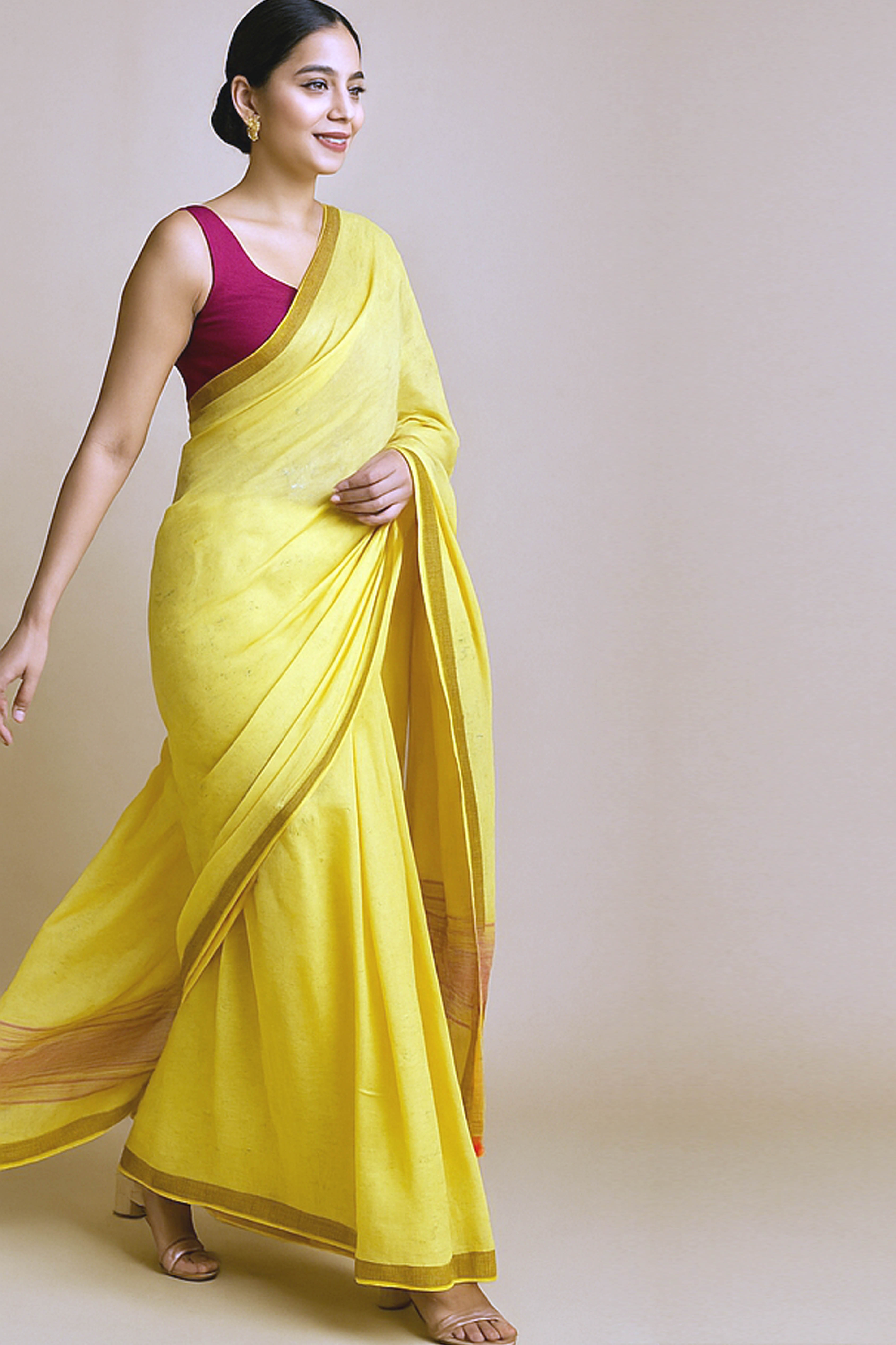 Pure Linen Saree in Lemon Yellow with Sequins - Indian Handloomz