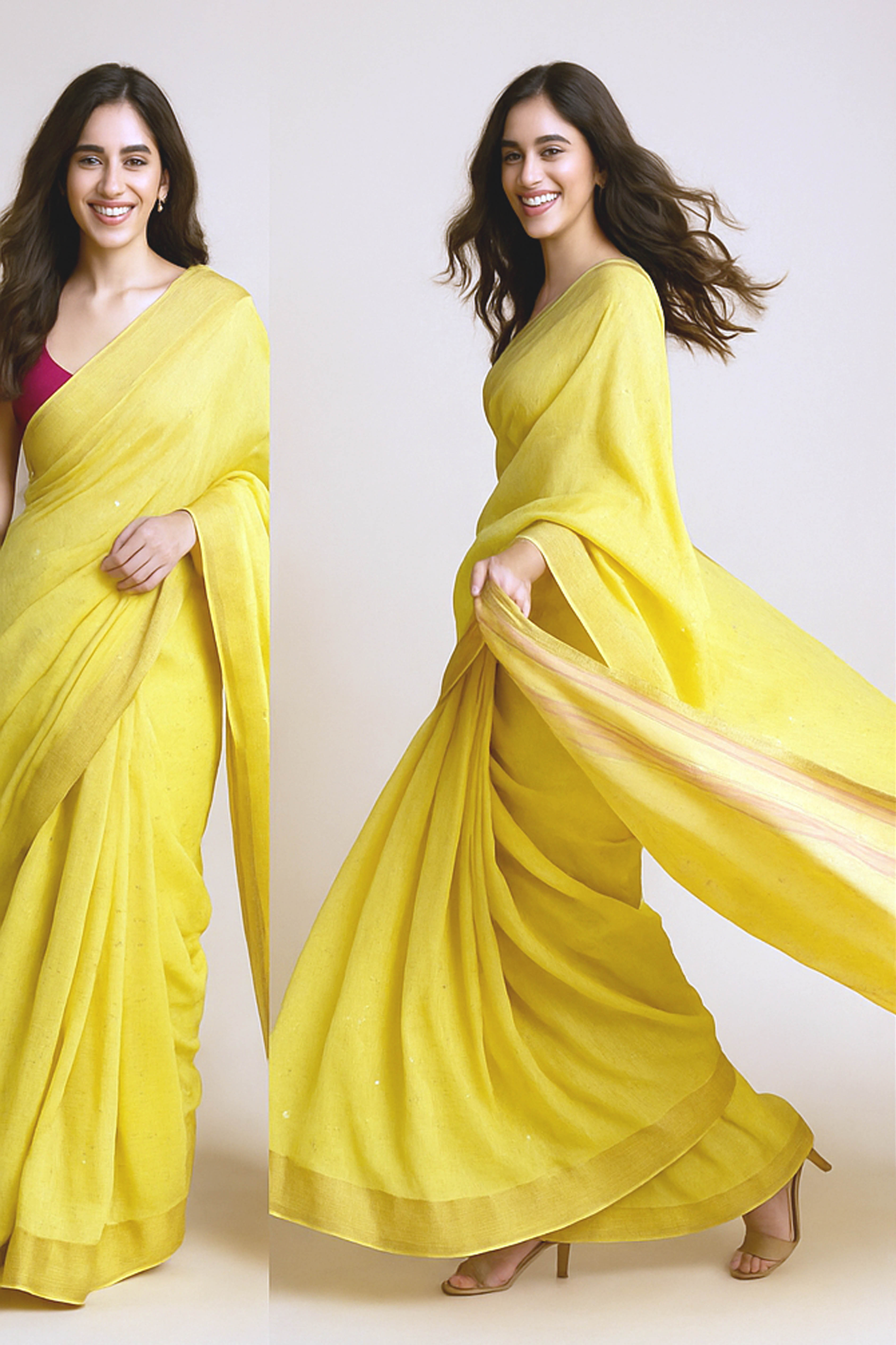 Pure Linen Saree in Lemon Yellow with Sequins - Indian Handloomz