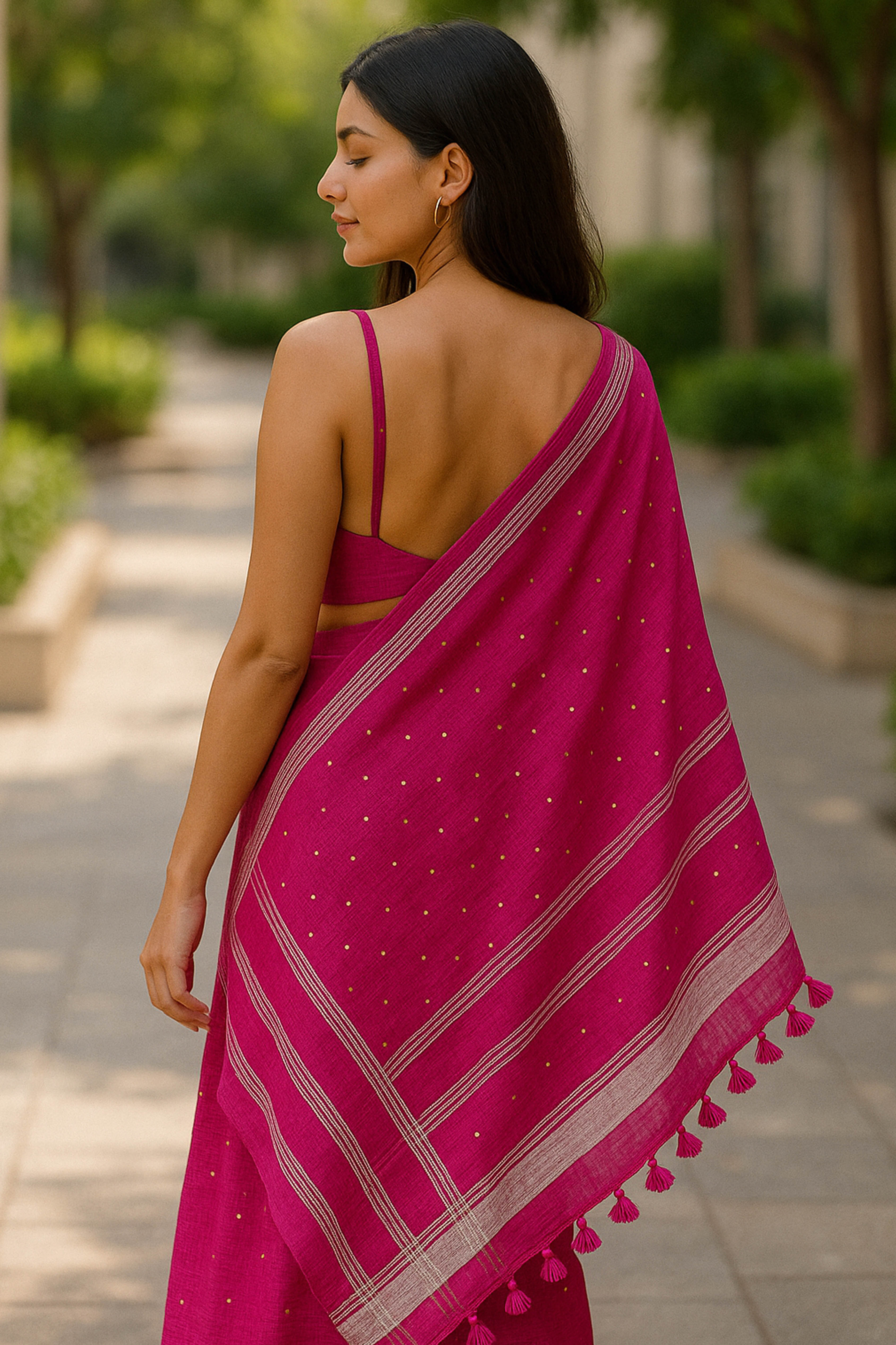 Pure Linen Saree in Magenta Colour with Sequins - Indian Handloomz
