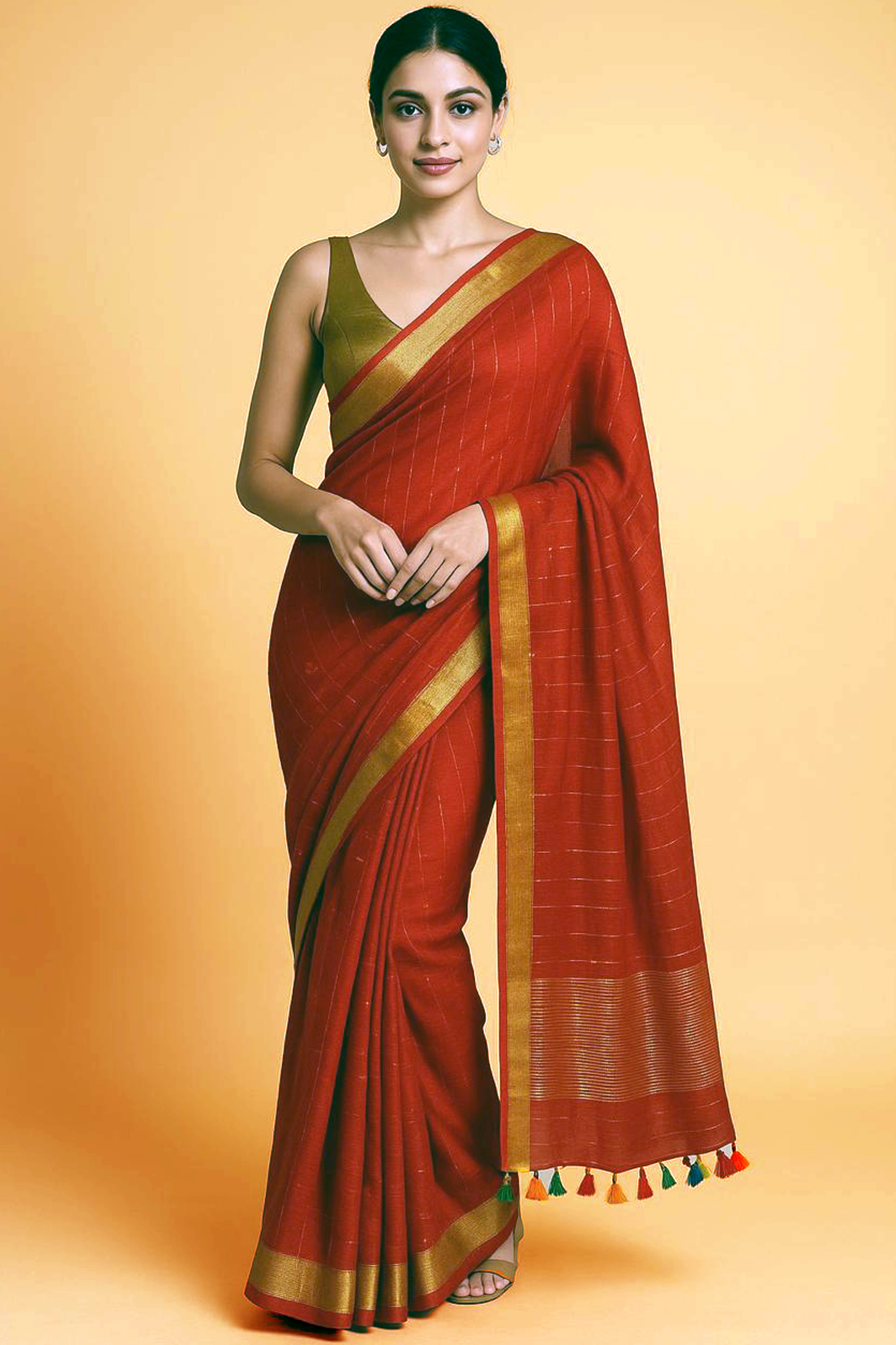Pure Linen Saree in Orange Colour with Sequins - Indian Handloomz