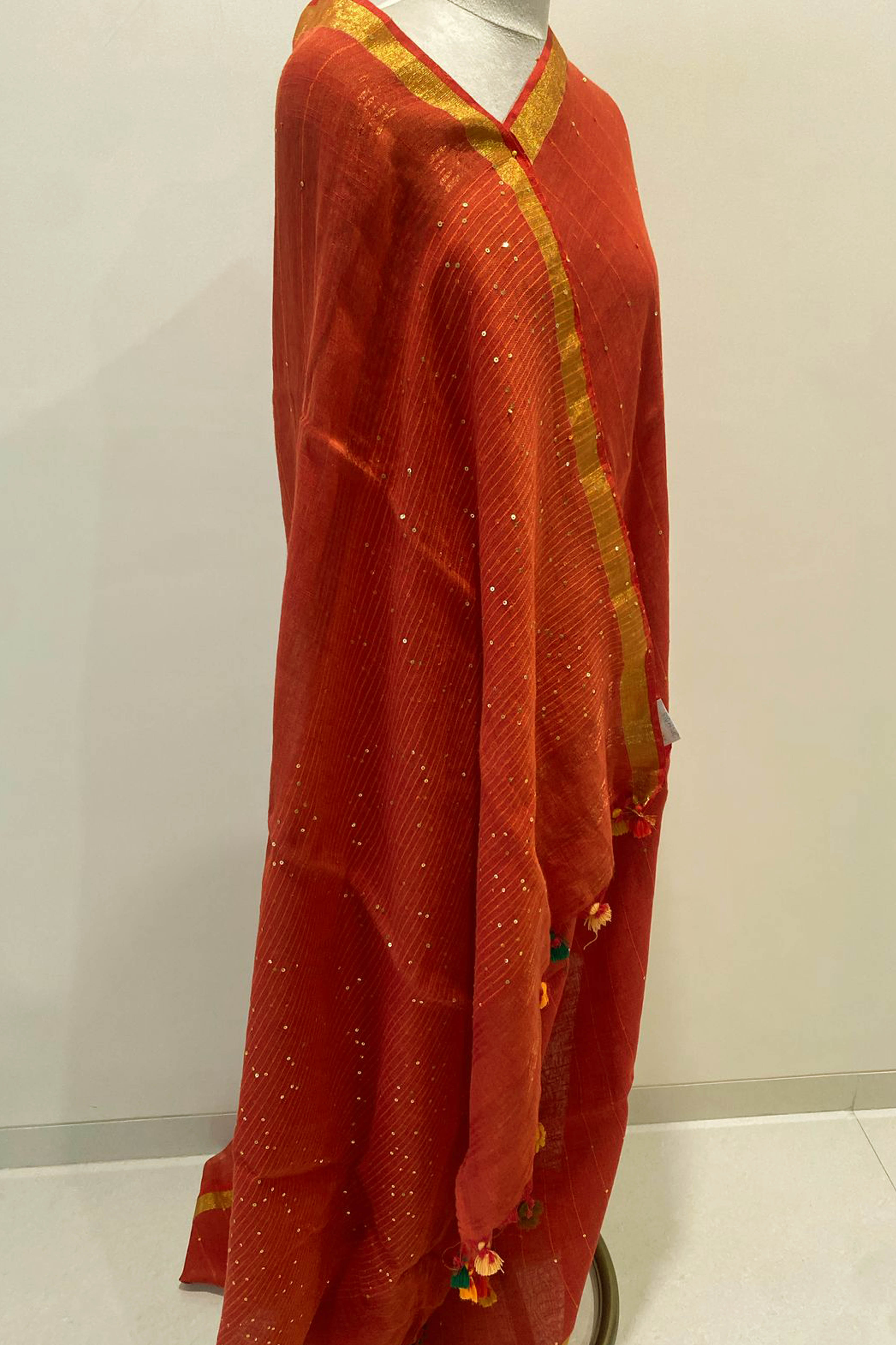 Pure Linen Saree in Orange Colour with Sequins - Indian Handloomz