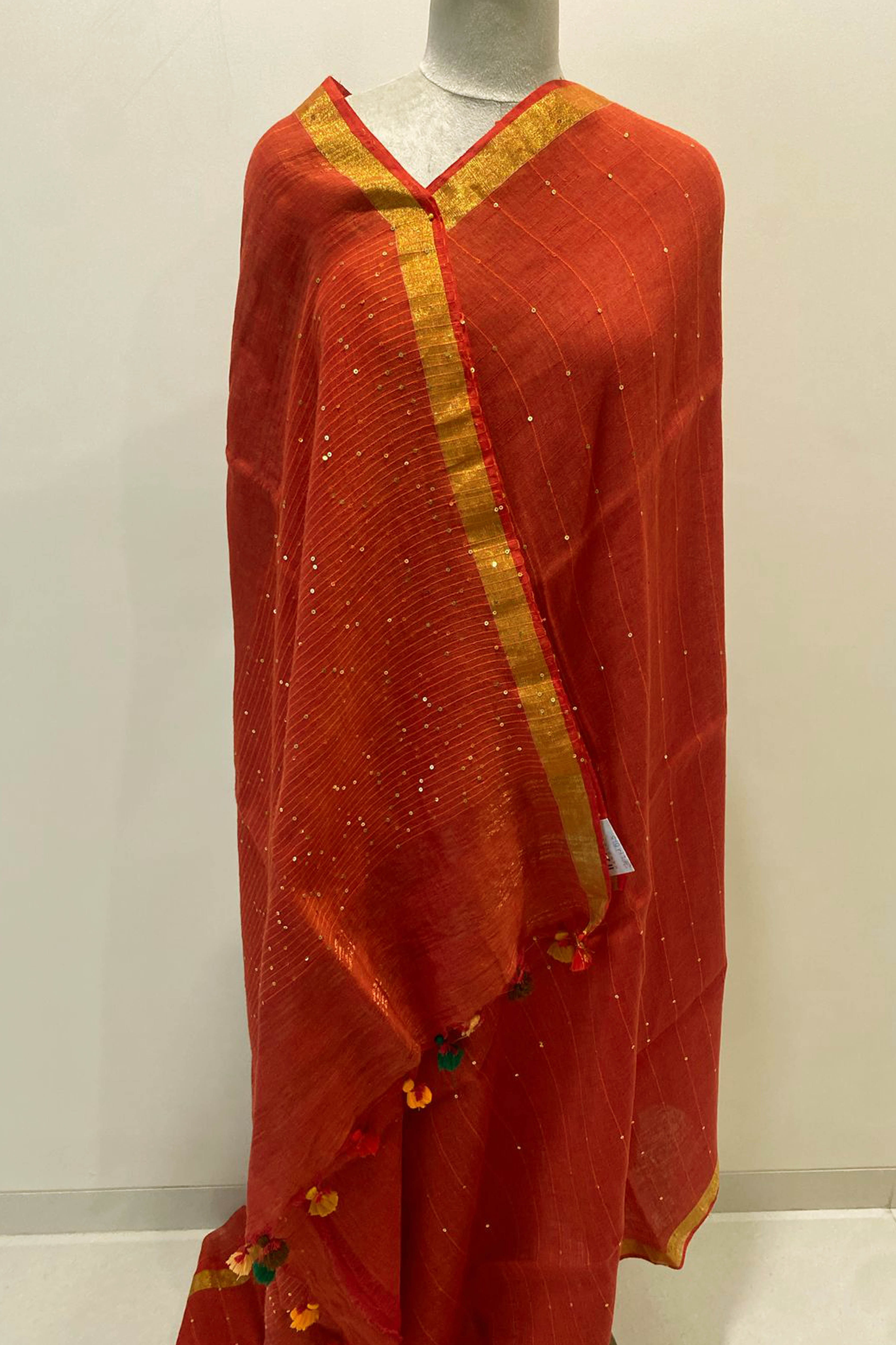 Pure Linen Saree in Orange Colour with Sequins - Indian Handloomz