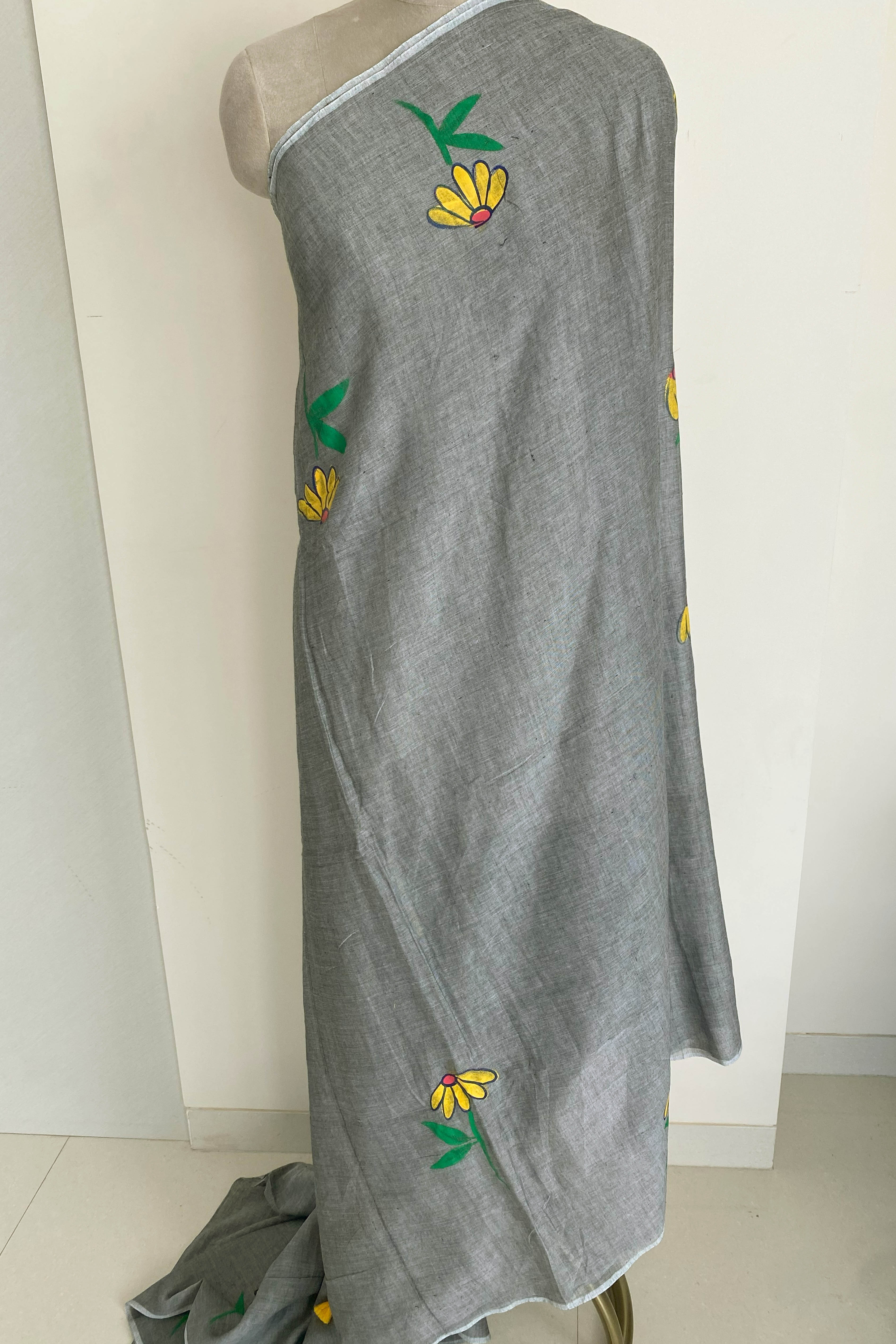 Pure Mul Cotton Grey Colour Hand Painted Saree - Indian Handloomz