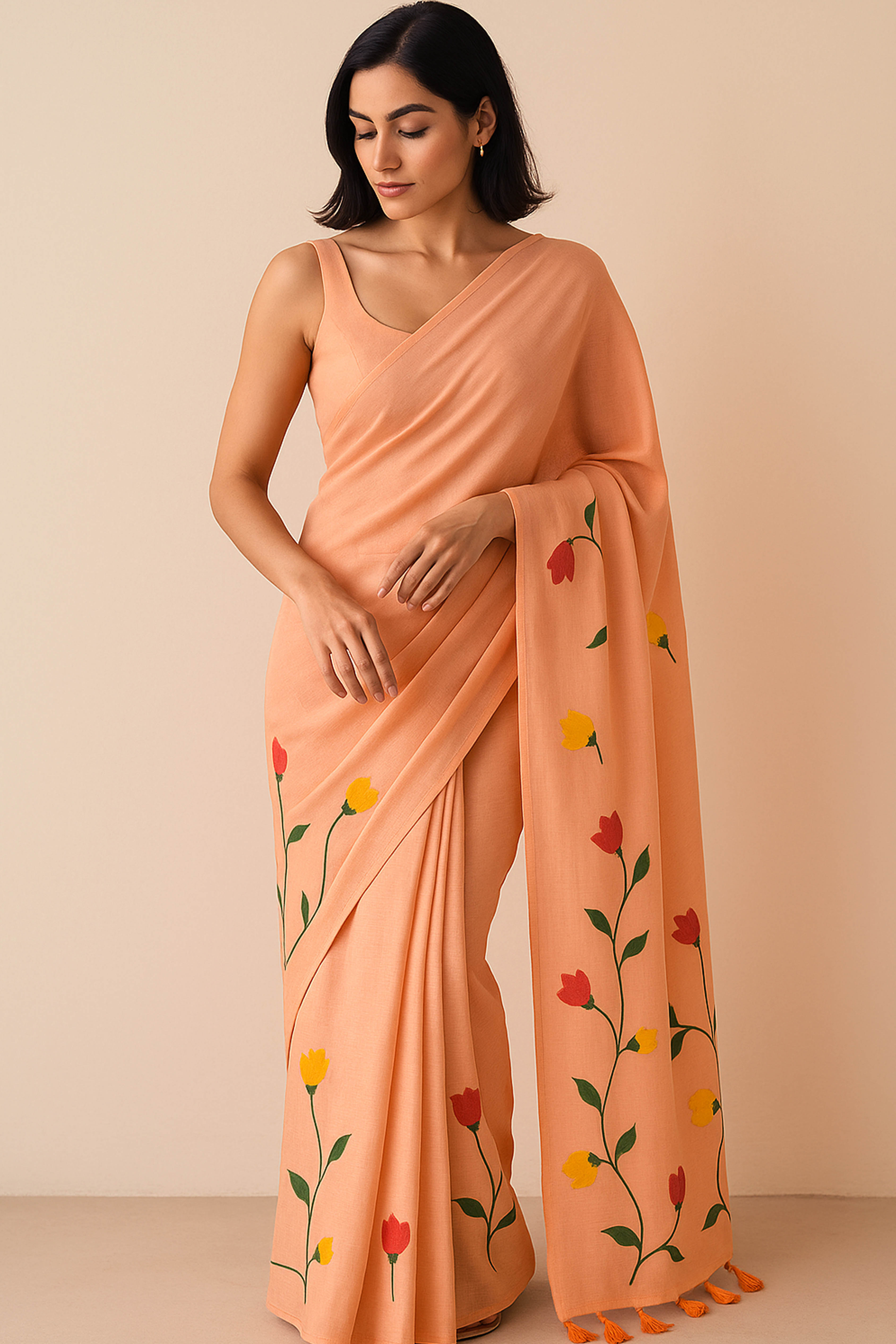 Pure Mul Cotton Peach Colour Hand Painted Saree - Indian Handloomz