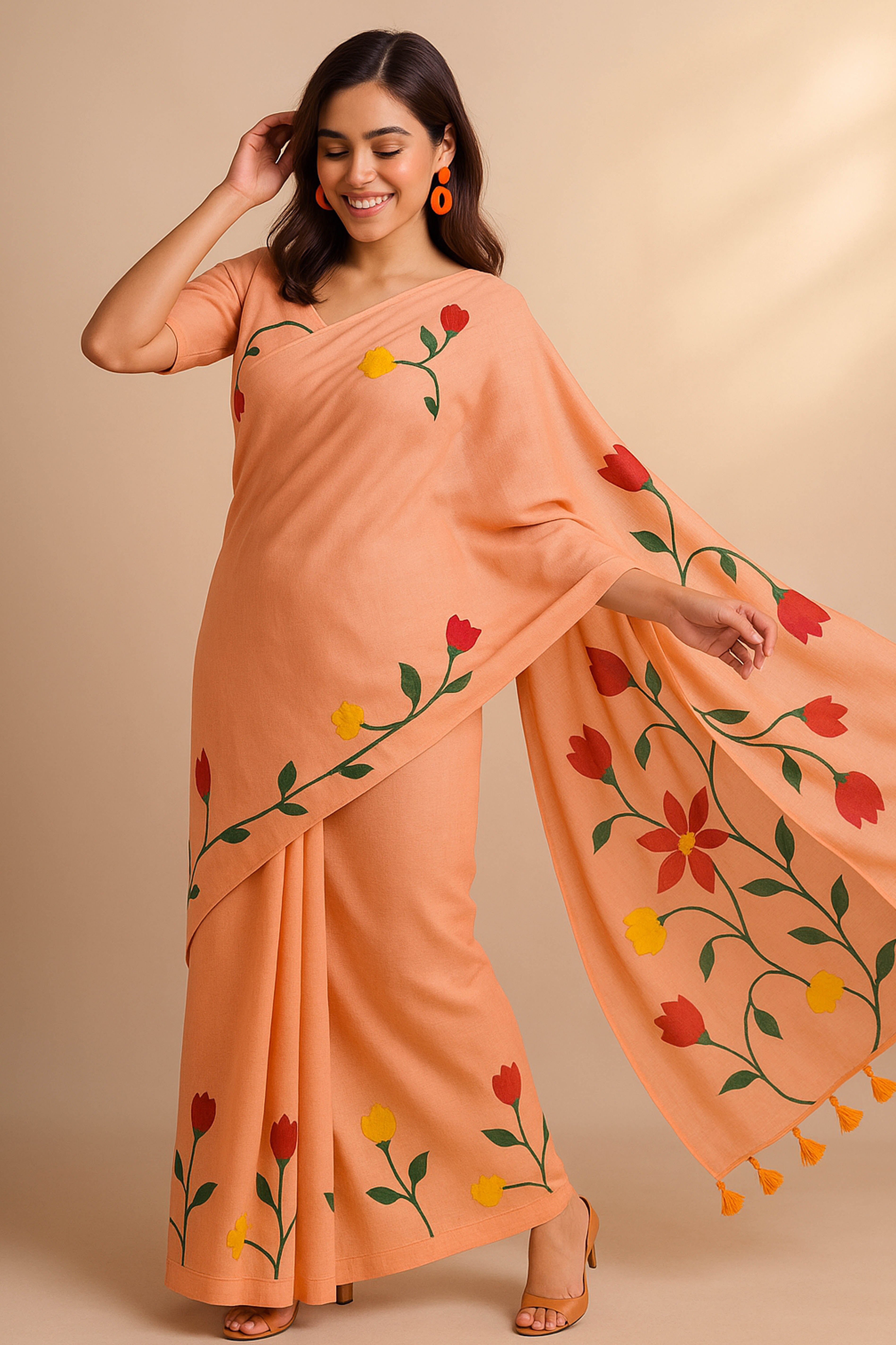 Pure Mul Cotton Peach Colour Hand Painted Saree - Indian Handloomz