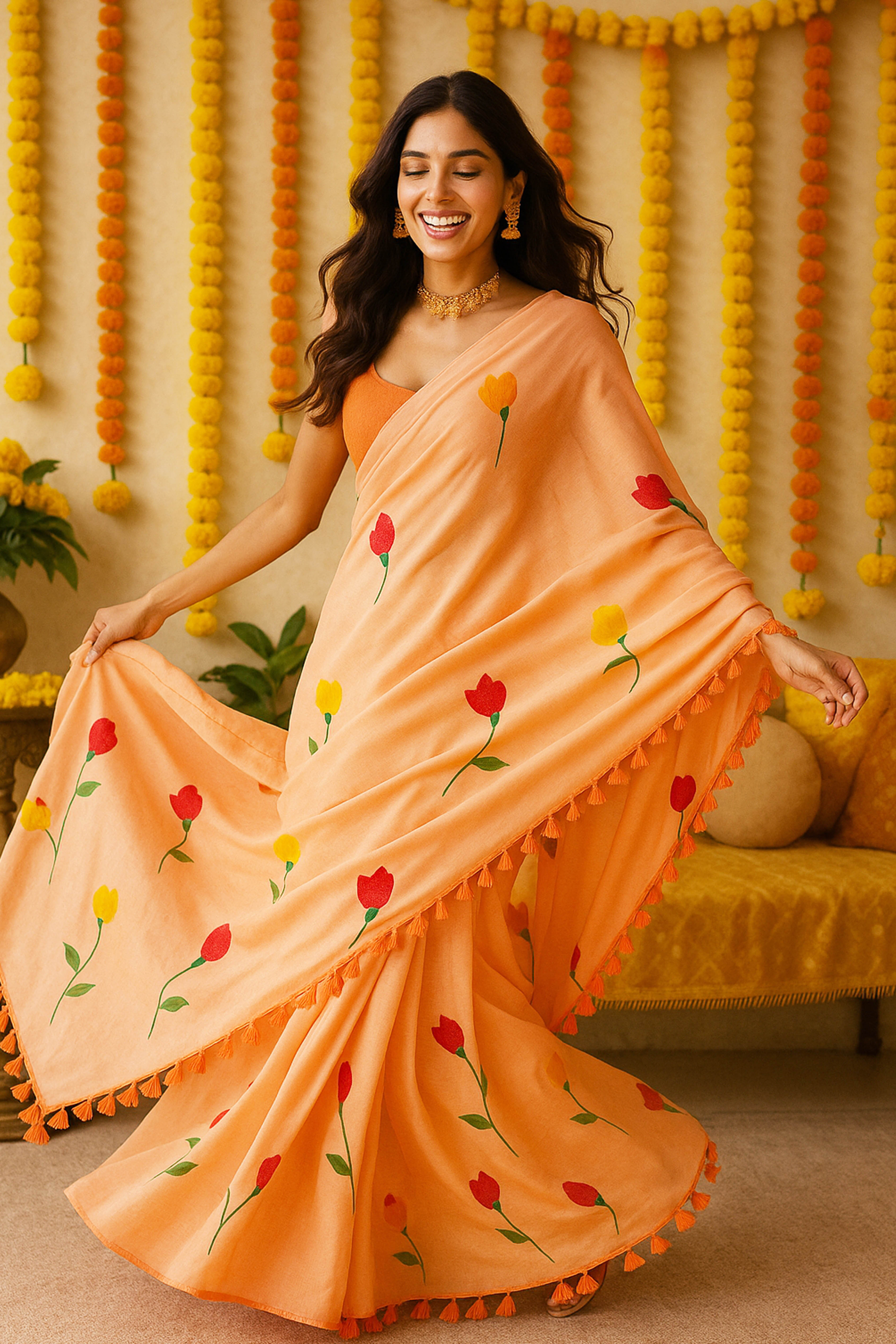 Pure Mul Cotton Peach Colour Hand Painted Saree - Indian Handloomz