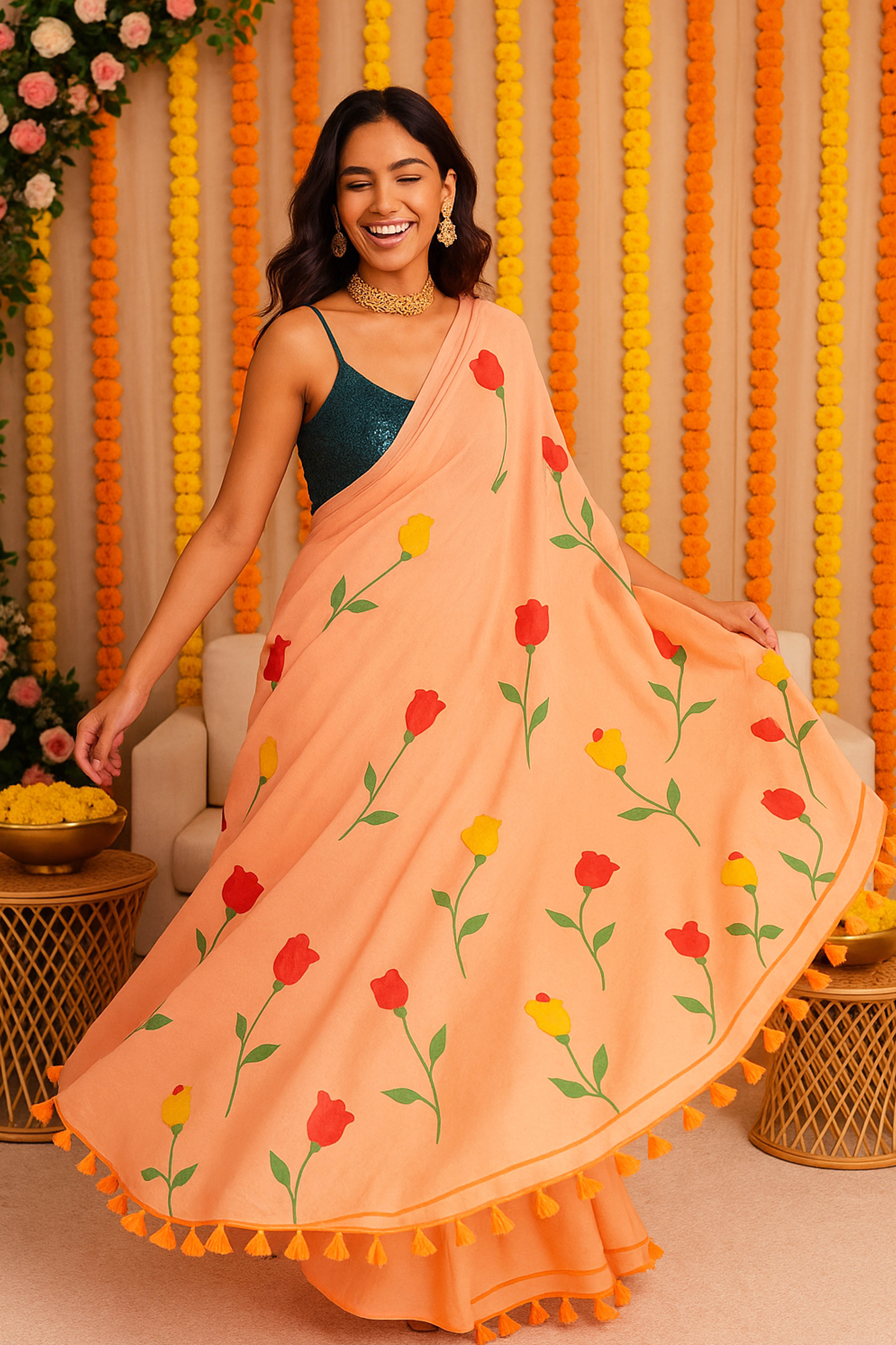 Pure Mul Cotton Peach Colour Hand Painted Saree - Indian Handloomz
