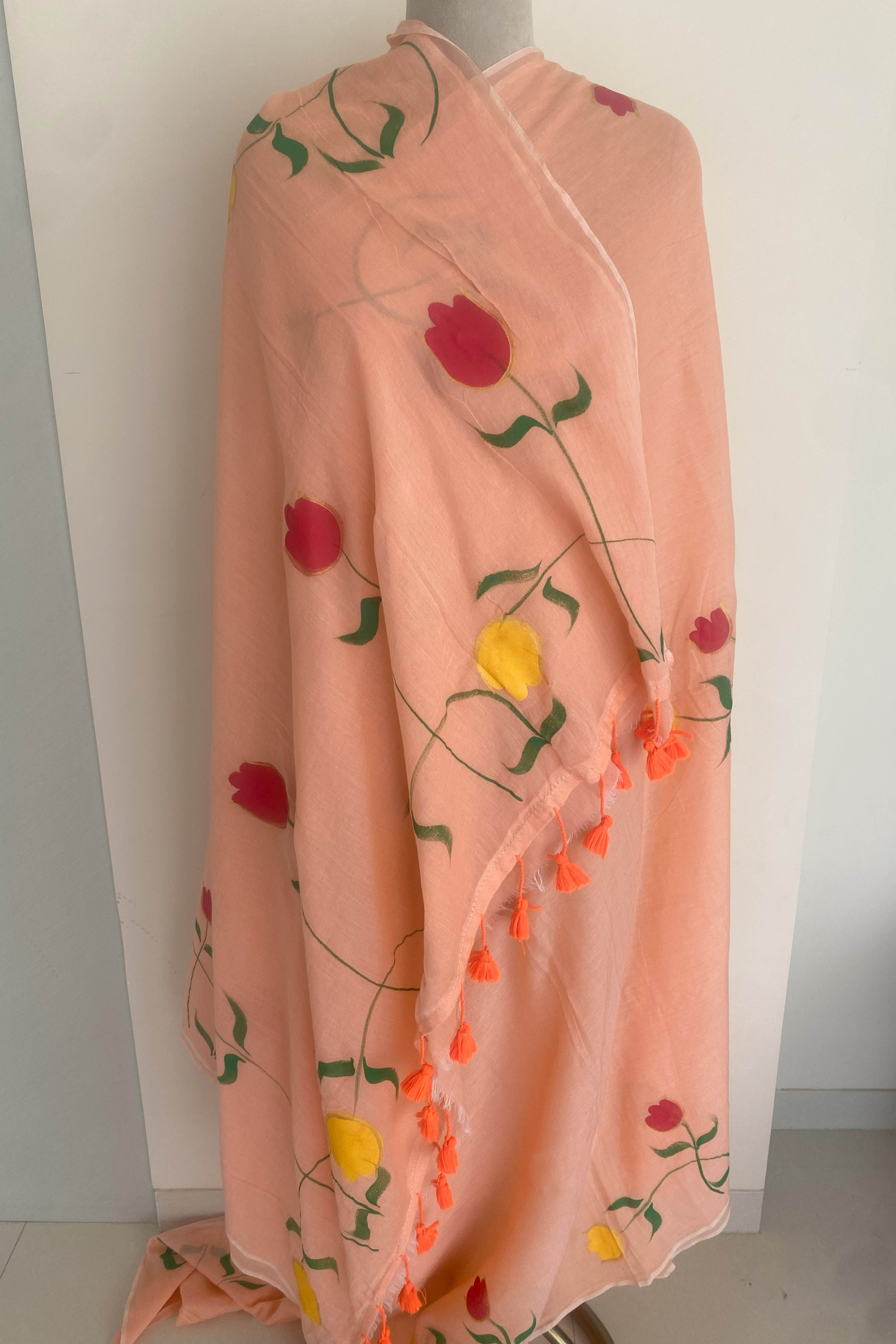 Pure Mul Cotton Peach Colour Hand Painted Saree - Indian Handloomz
