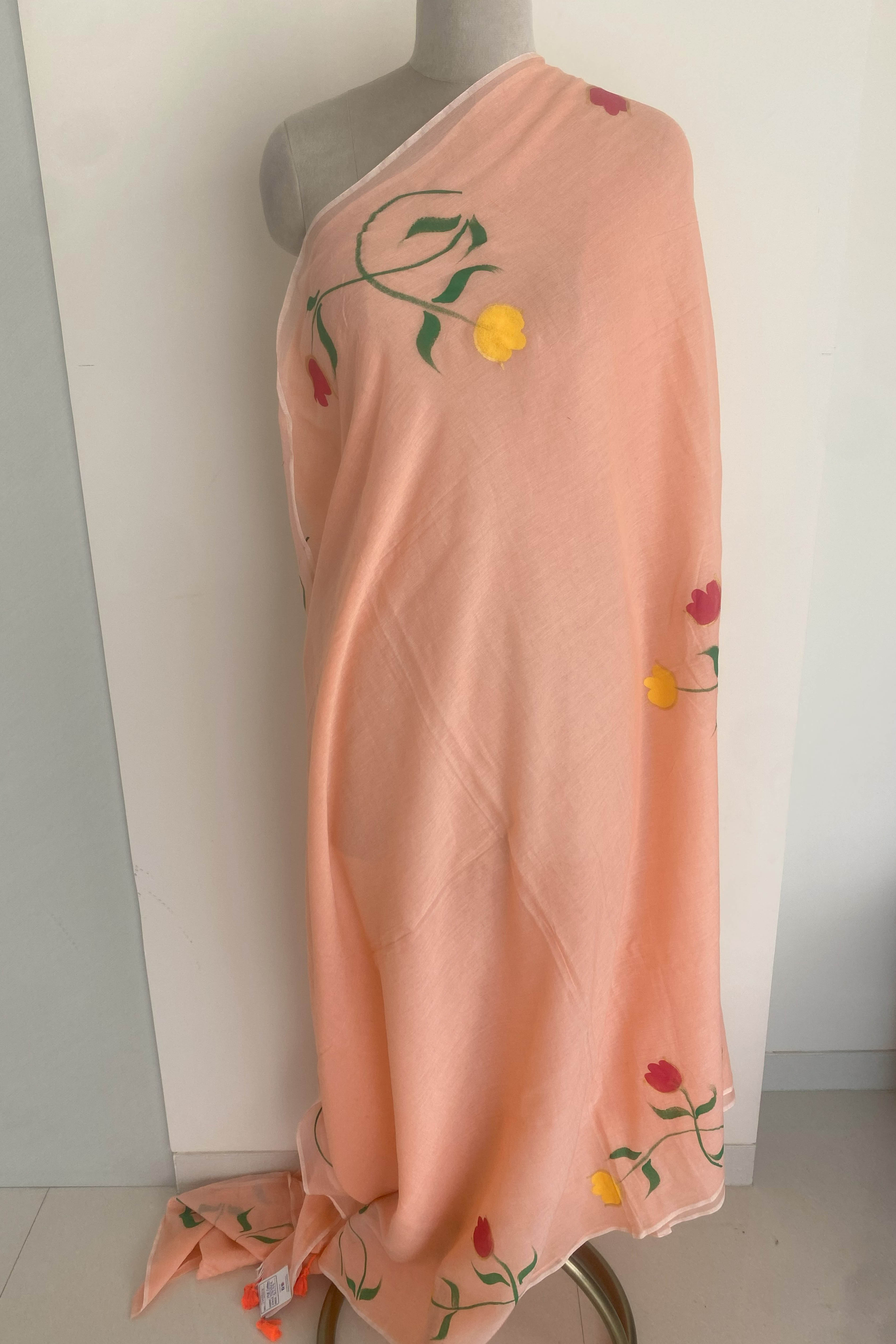 Pure Mul Cotton Peach Colour Hand Painted Saree - Indian Handloomz
