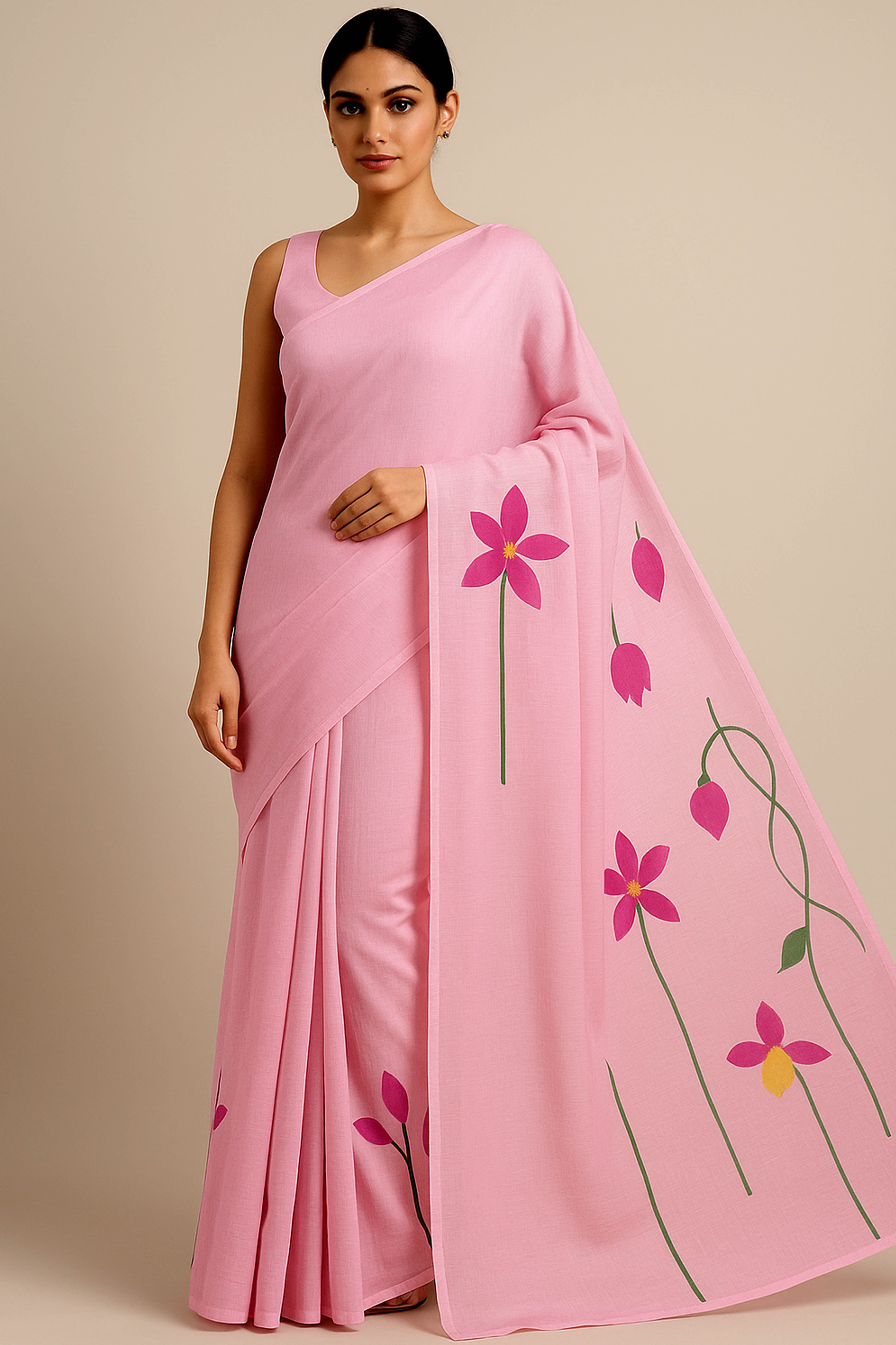 Pure Mul Cotton Pink Colour Hand Painted Saree - Indian Handloomz