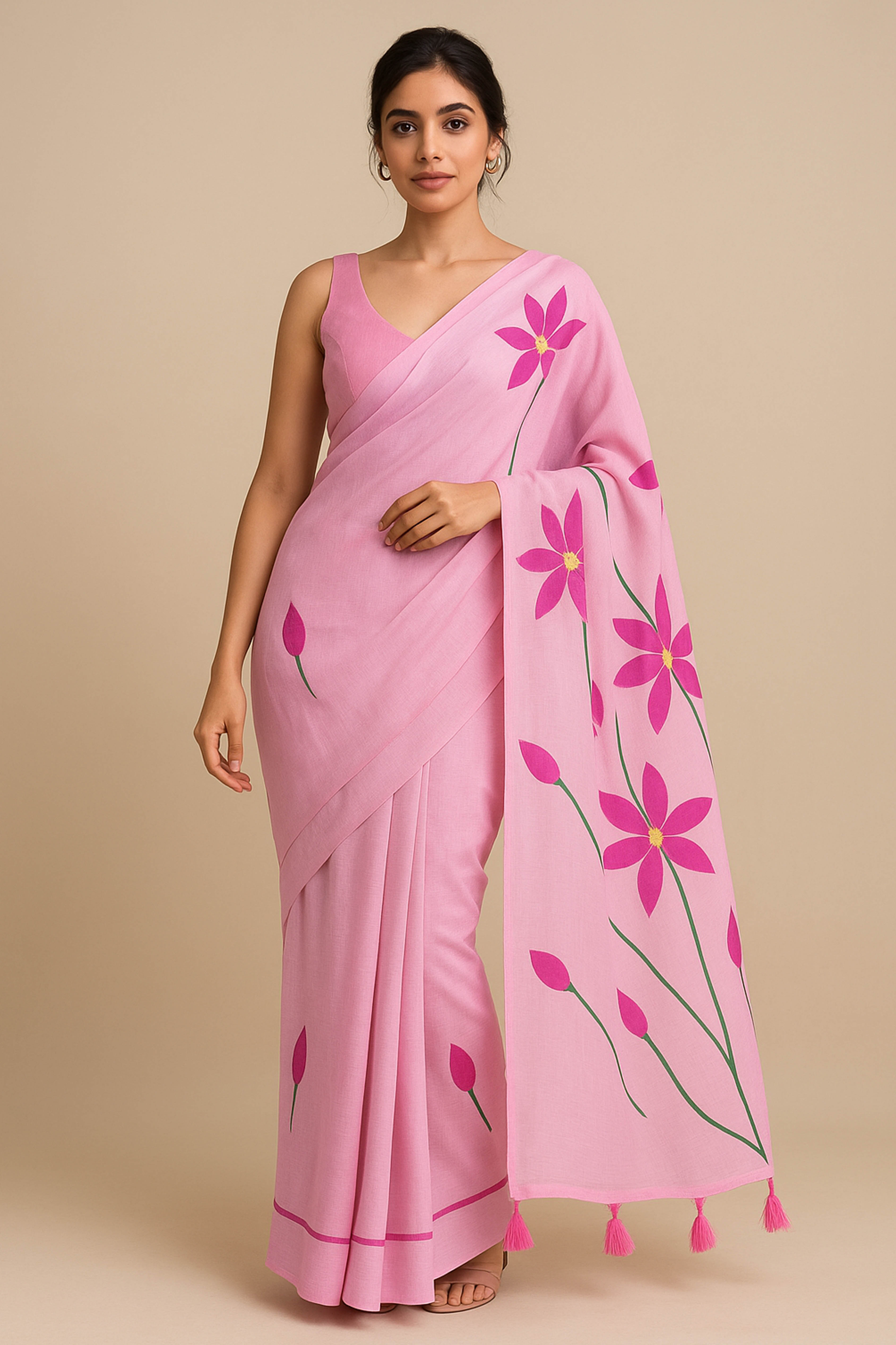 Pure Mul Cotton Pink Colour Hand Painted Saree - Indian Handloomz