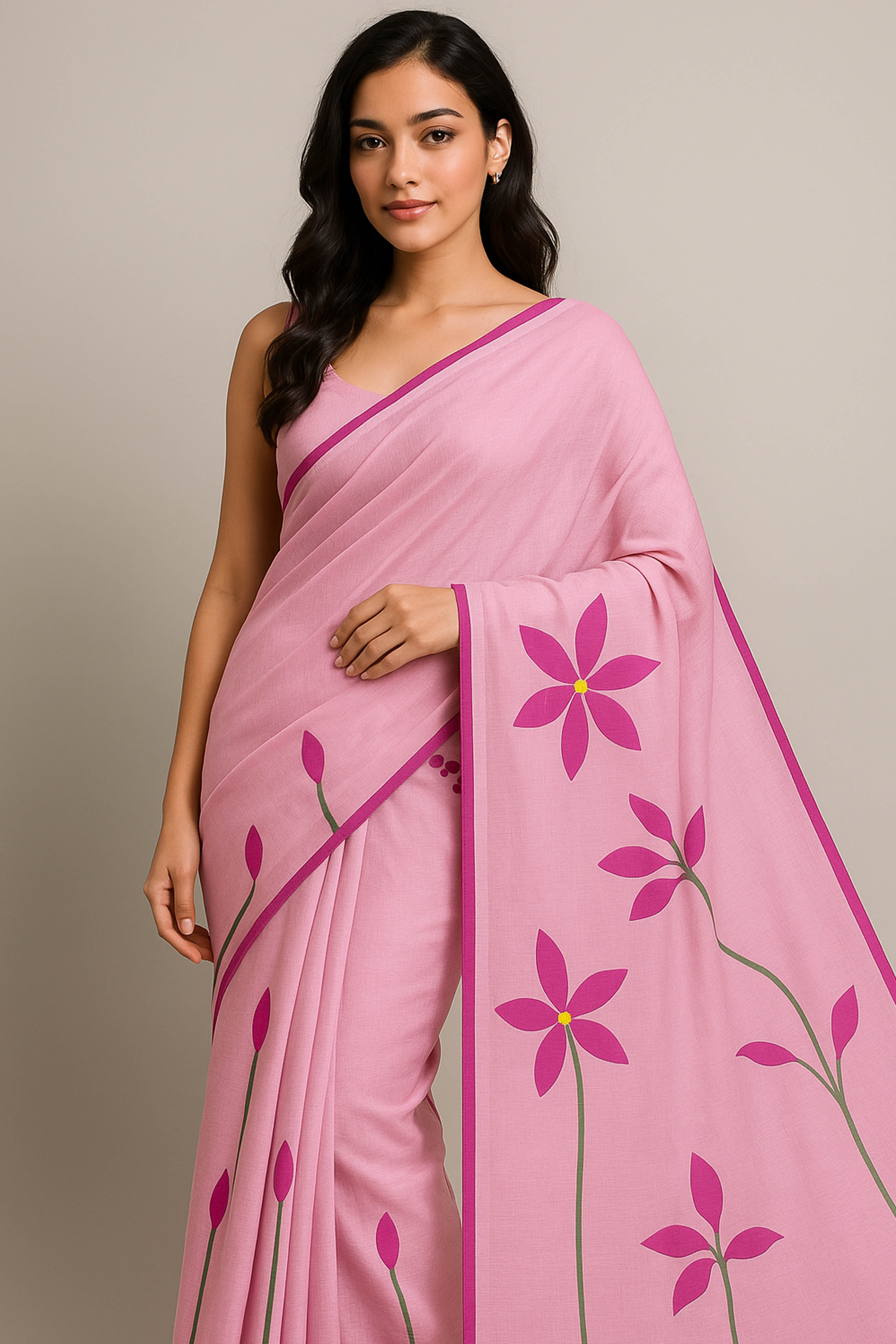 Pure Mul Cotton Pink Colour Hand Painted Saree - Indian Handloomz
