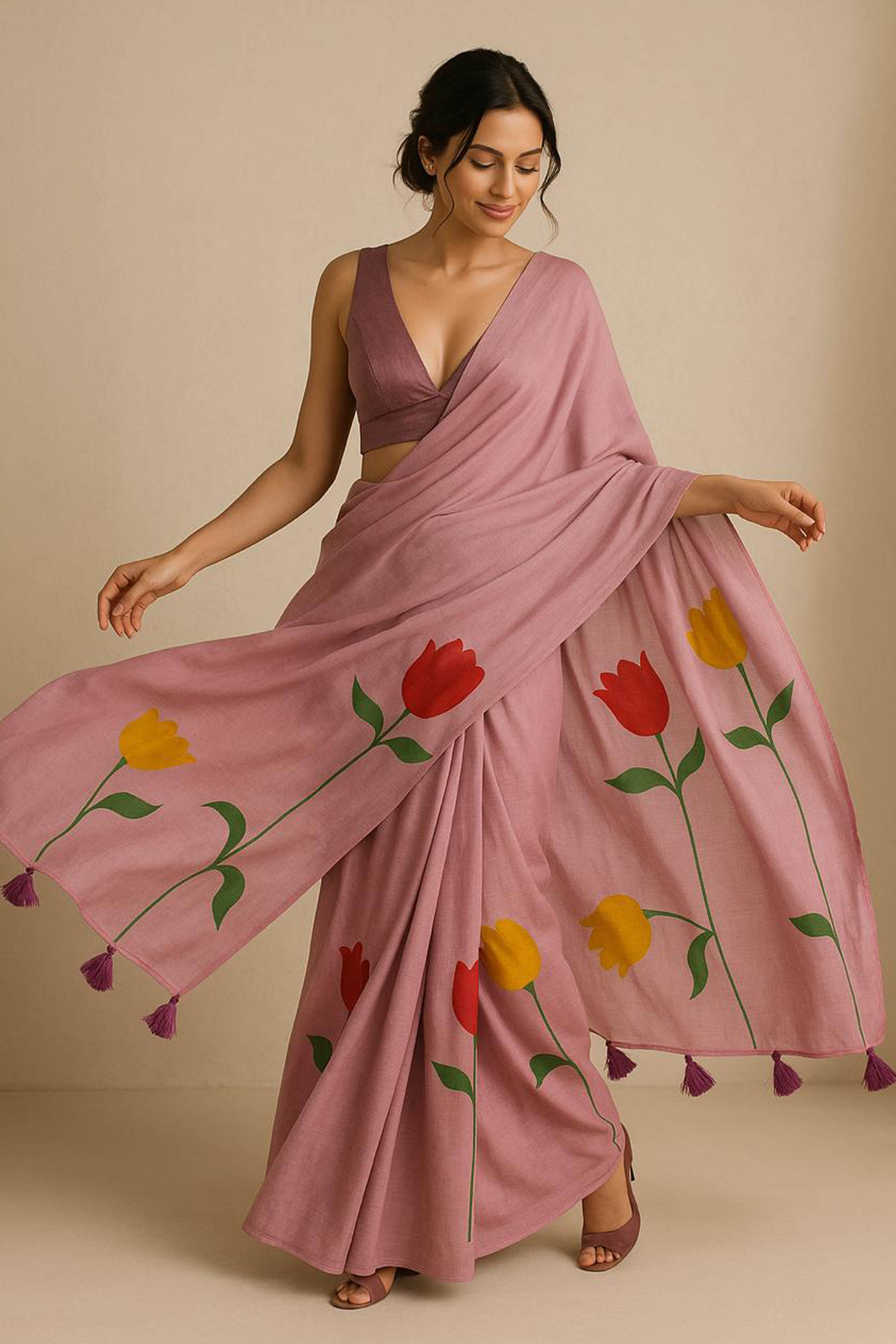 Pure Mul Cotton Pink Hand Painted Saree - Indian Handloomz