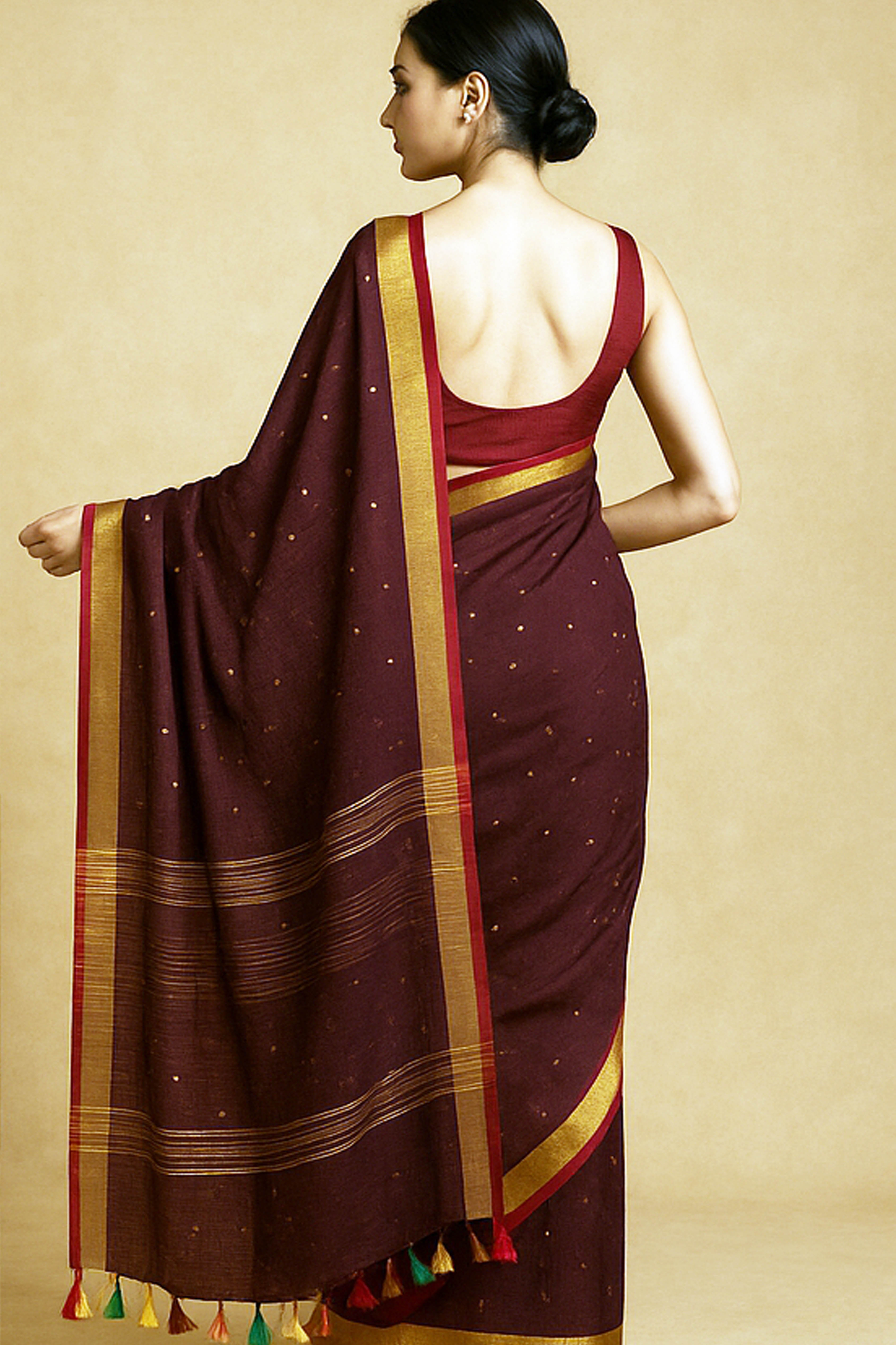 Pure Mul Cotton Saree in dark Maroon Colour with Sequins - Indian Handloomz