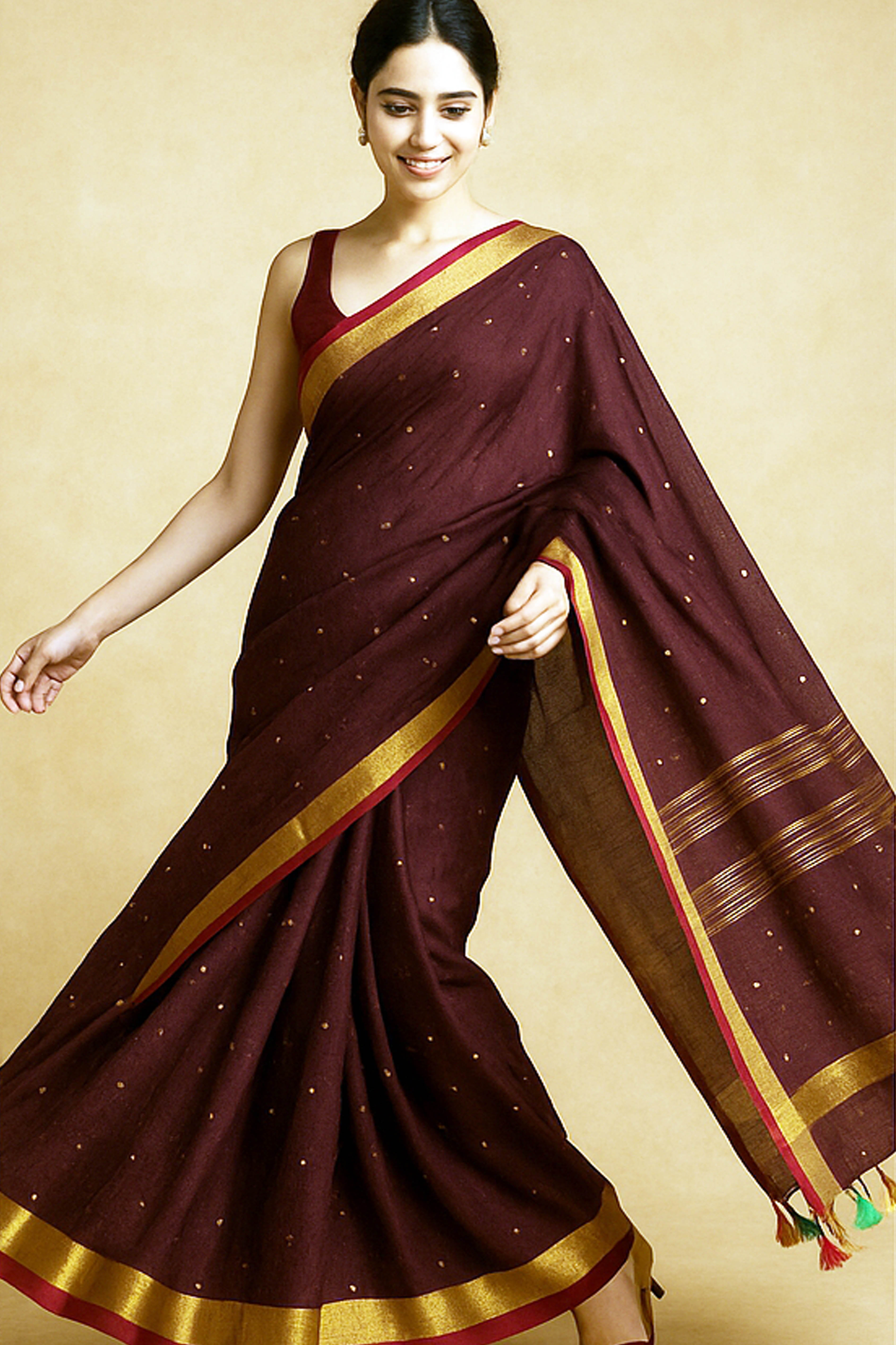 Pure Mul Cotton Saree in dark Maroon Colour with Sequins - Indian Handloomz