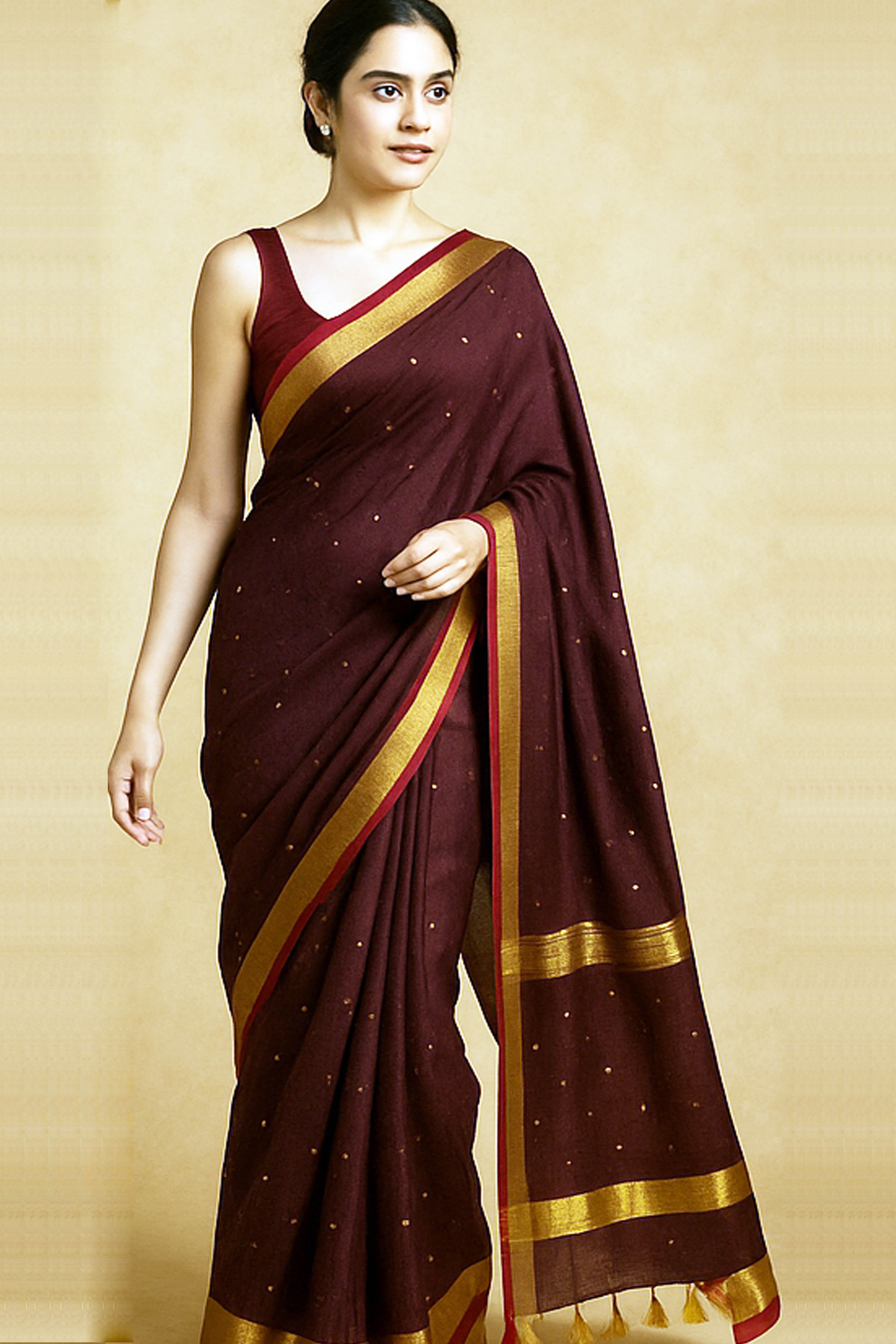 Pure Mul Cotton Saree in dark Maroon Colour with Sequins - Indian Handloomz