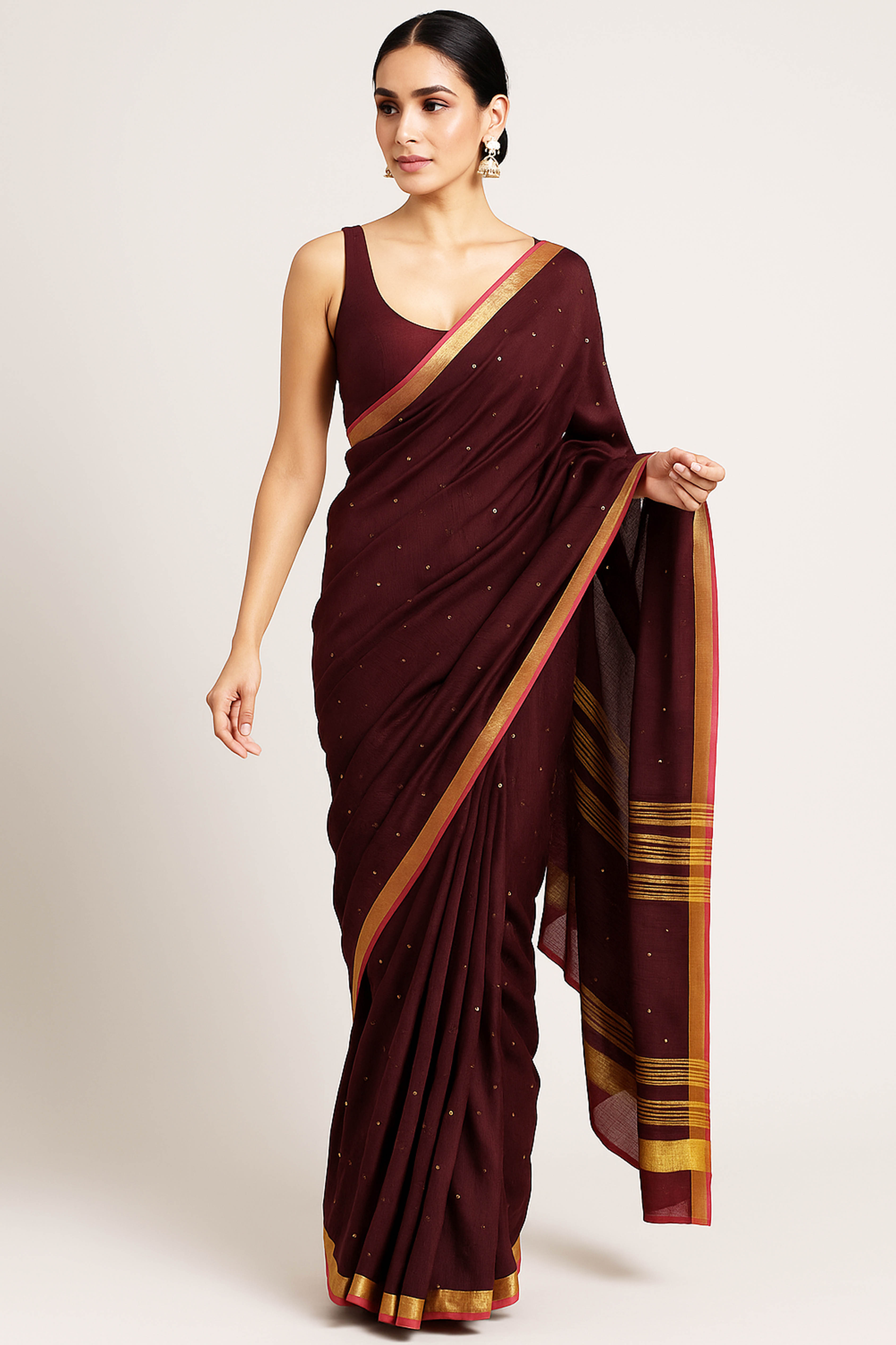 Pure Mul Cotton Saree in dark Maroon Colour with Sequins - Indian Handloomz