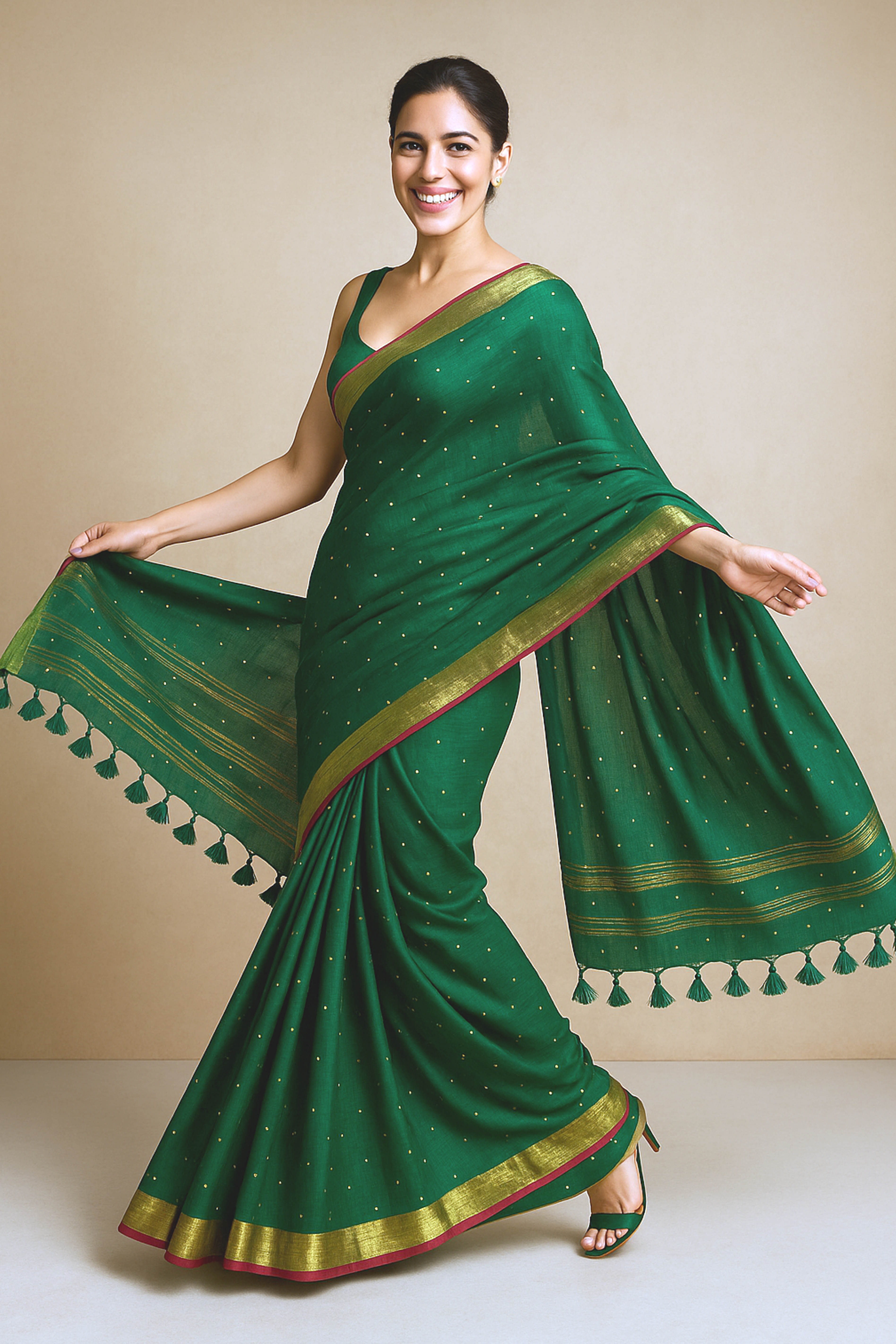 Pure Mul Cotton Saree in Green Colour with Sequins - Indian Handloomz