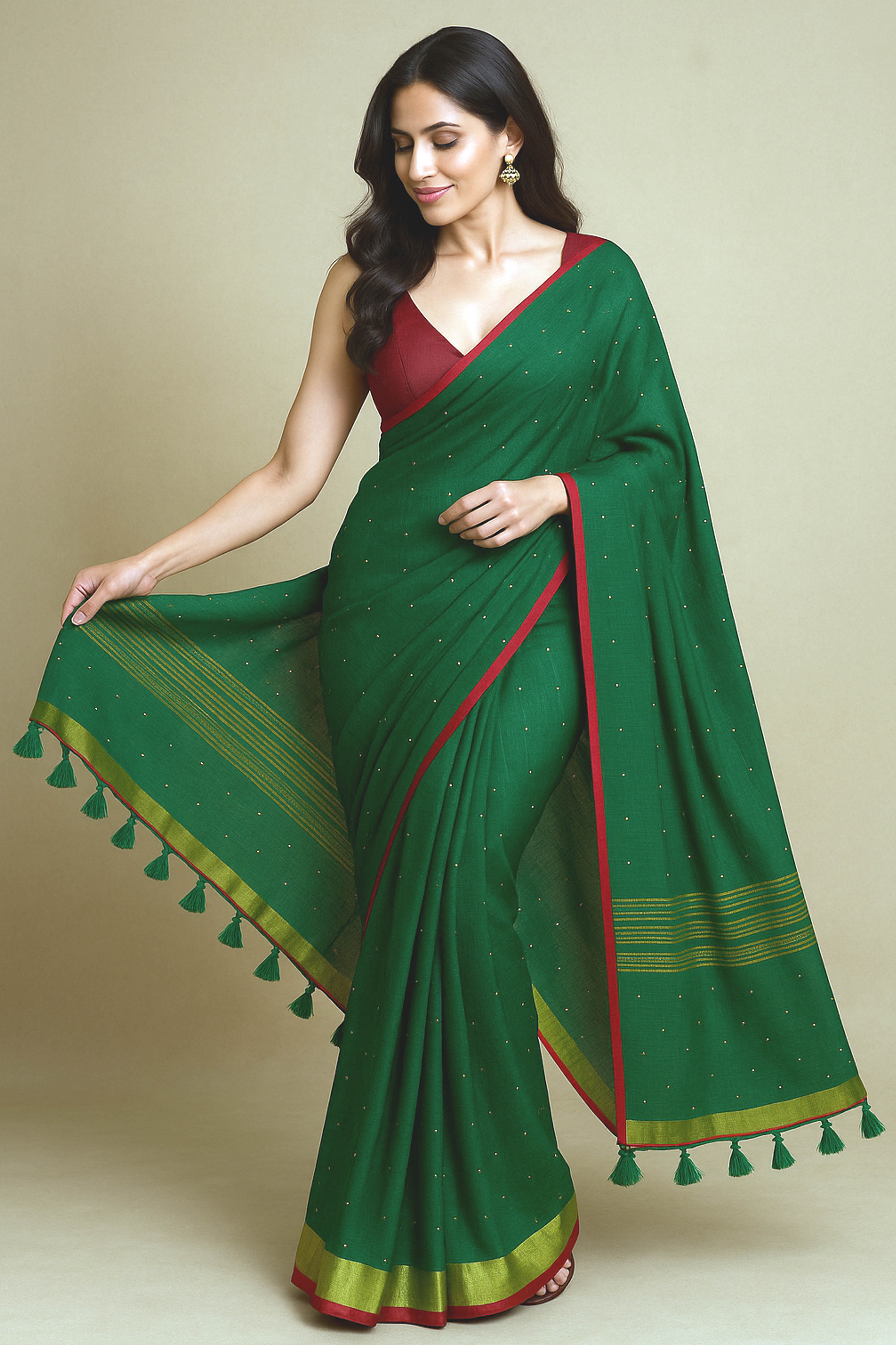 Pure Mul Cotton Saree in Green Colour with Sequins - Indian Handloomz