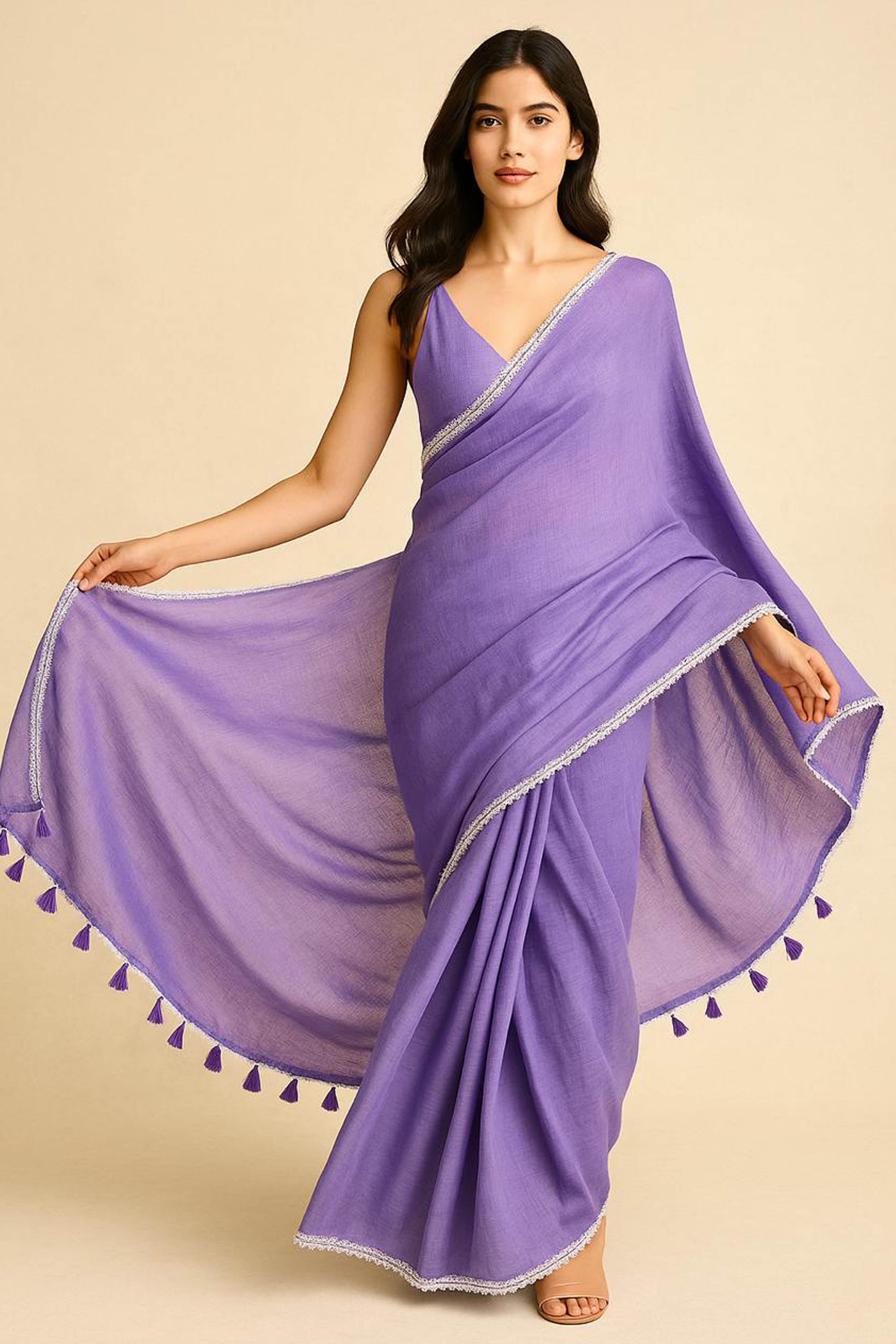 Pure Mul Cotton Saree in Lavender with White Floral Lace - Indian Handloomz