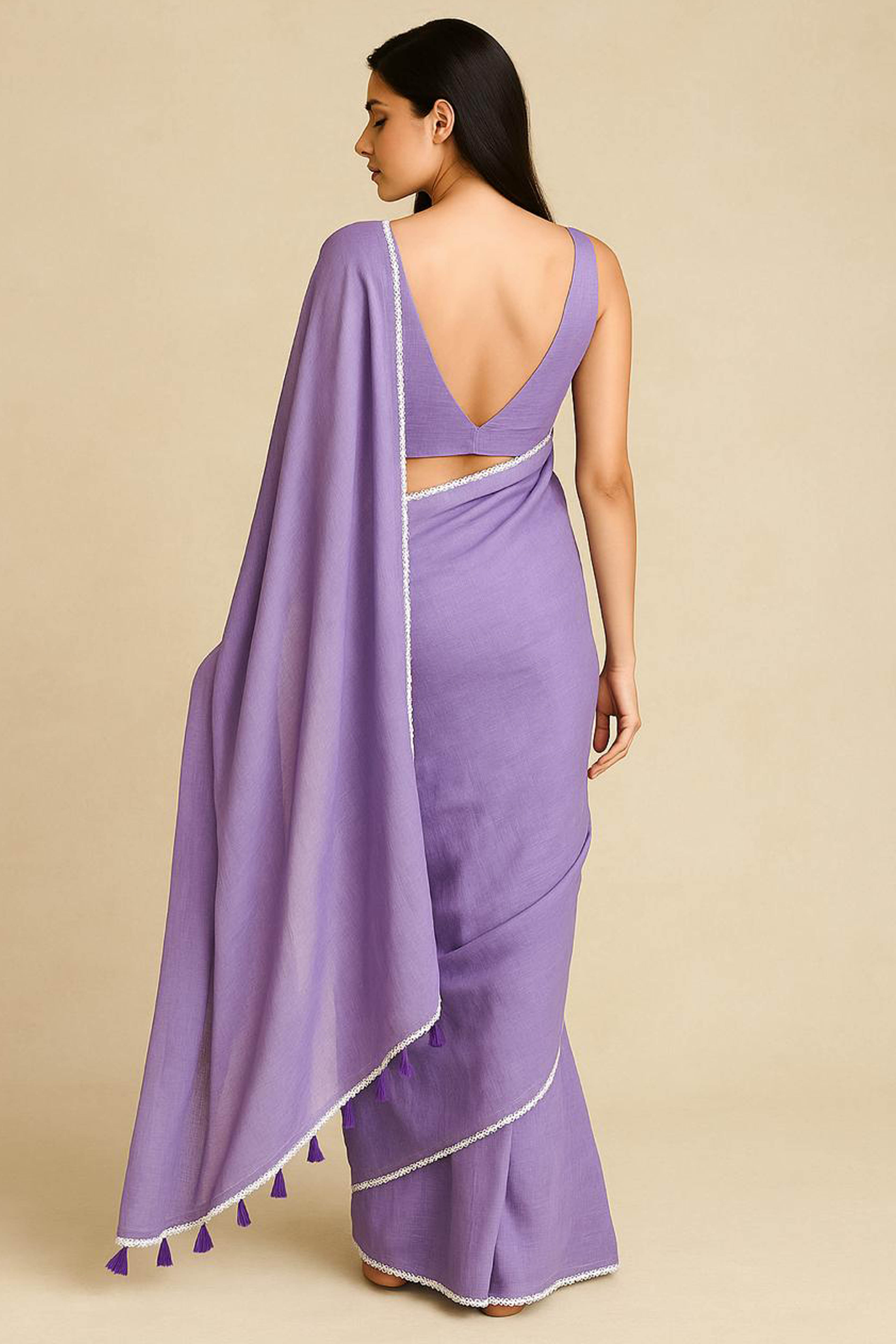 Pure Mul Cotton Saree in Lavender with White Floral Lace - Indian Handloomz