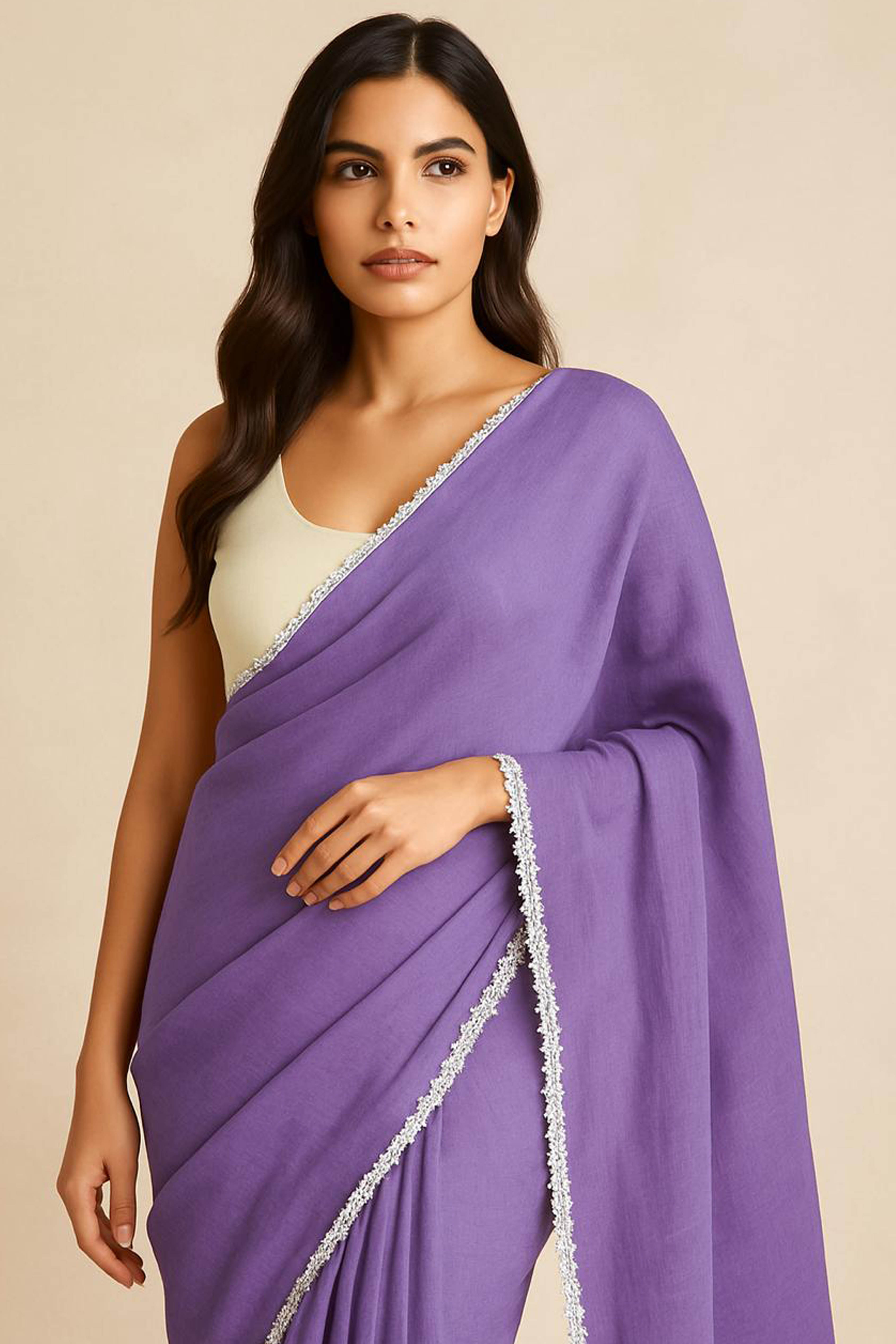 Pure Mul Cotton Saree in Lavender with White Floral Lace - Indian Handloomz