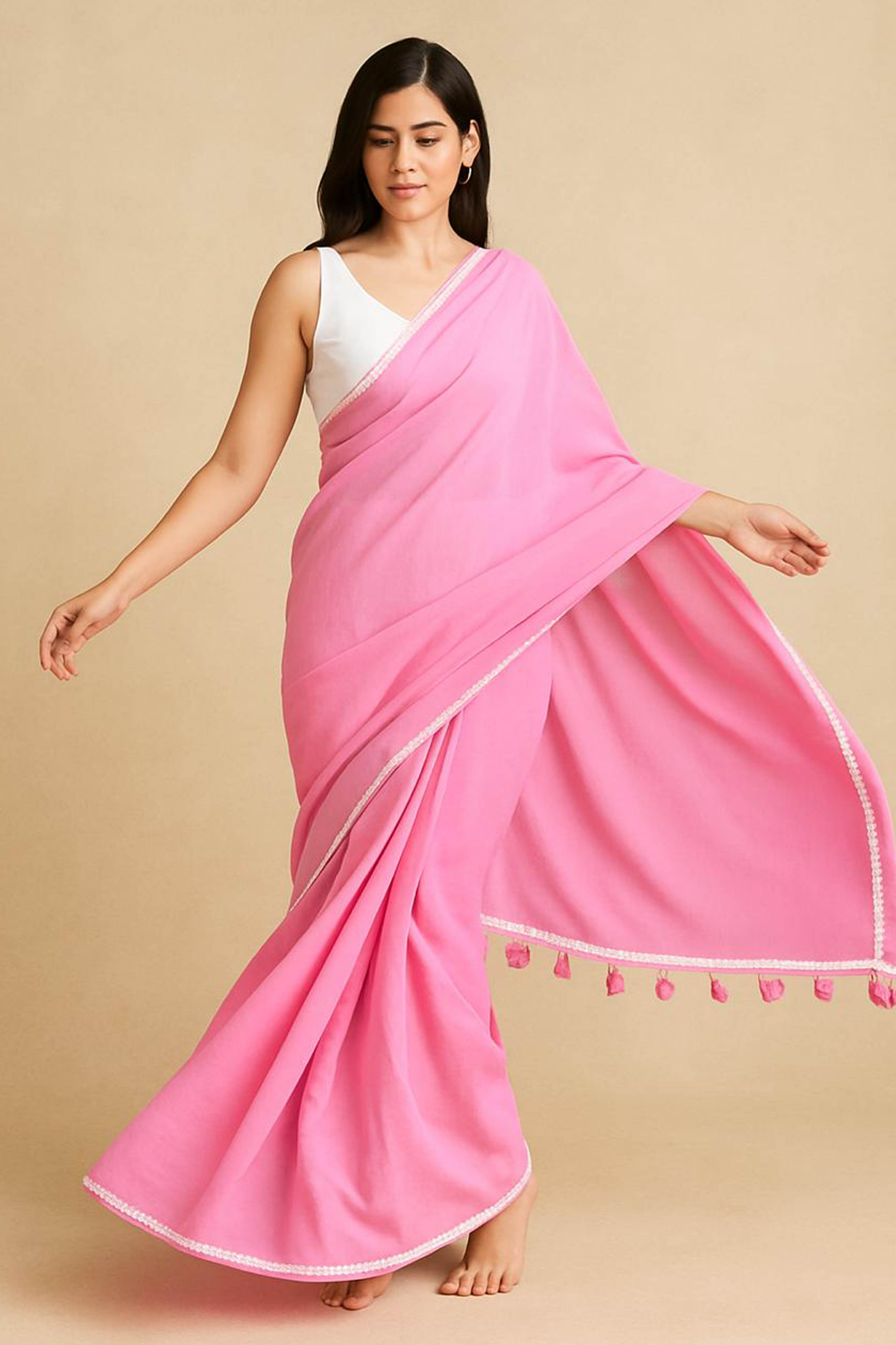 Pure Mul Cotton Saree in Pink with White Floral Lace - Indian Handloomz