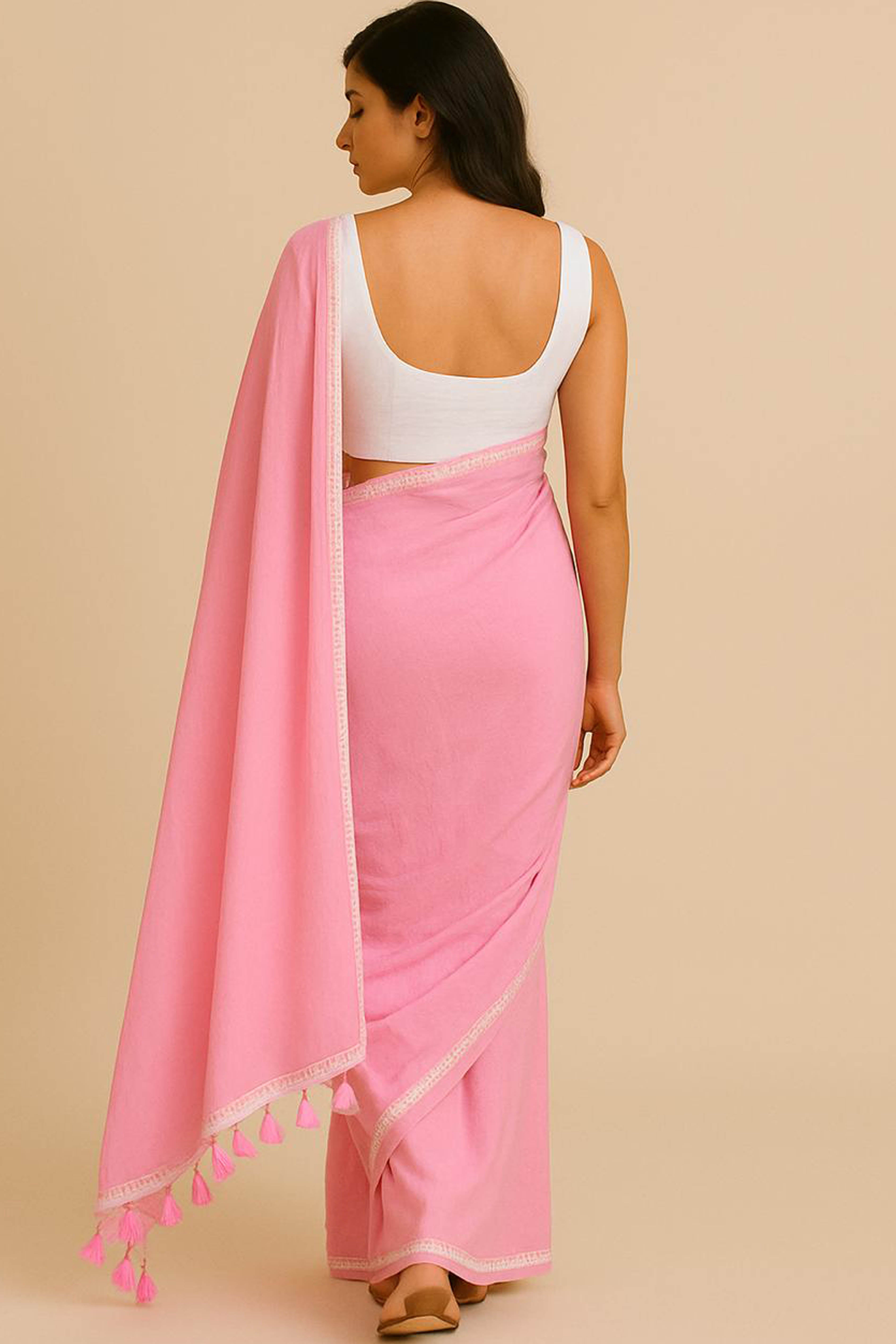 Pure Mul Cotton Saree in Pink with White Floral Lace - Indian Handloomz