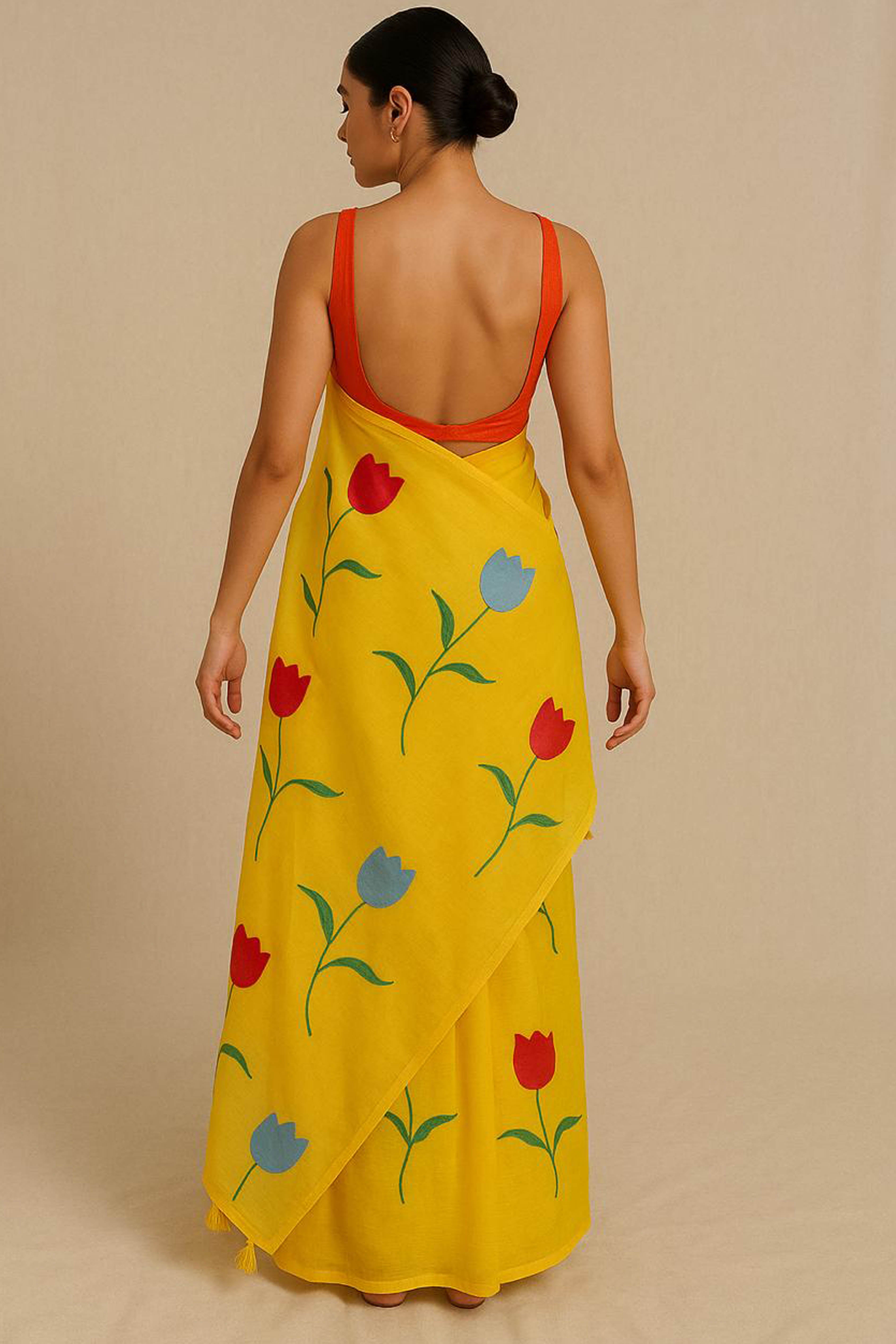 Pure Mul Cotton Yellow Hand Painted Saree - Indian Handloomz