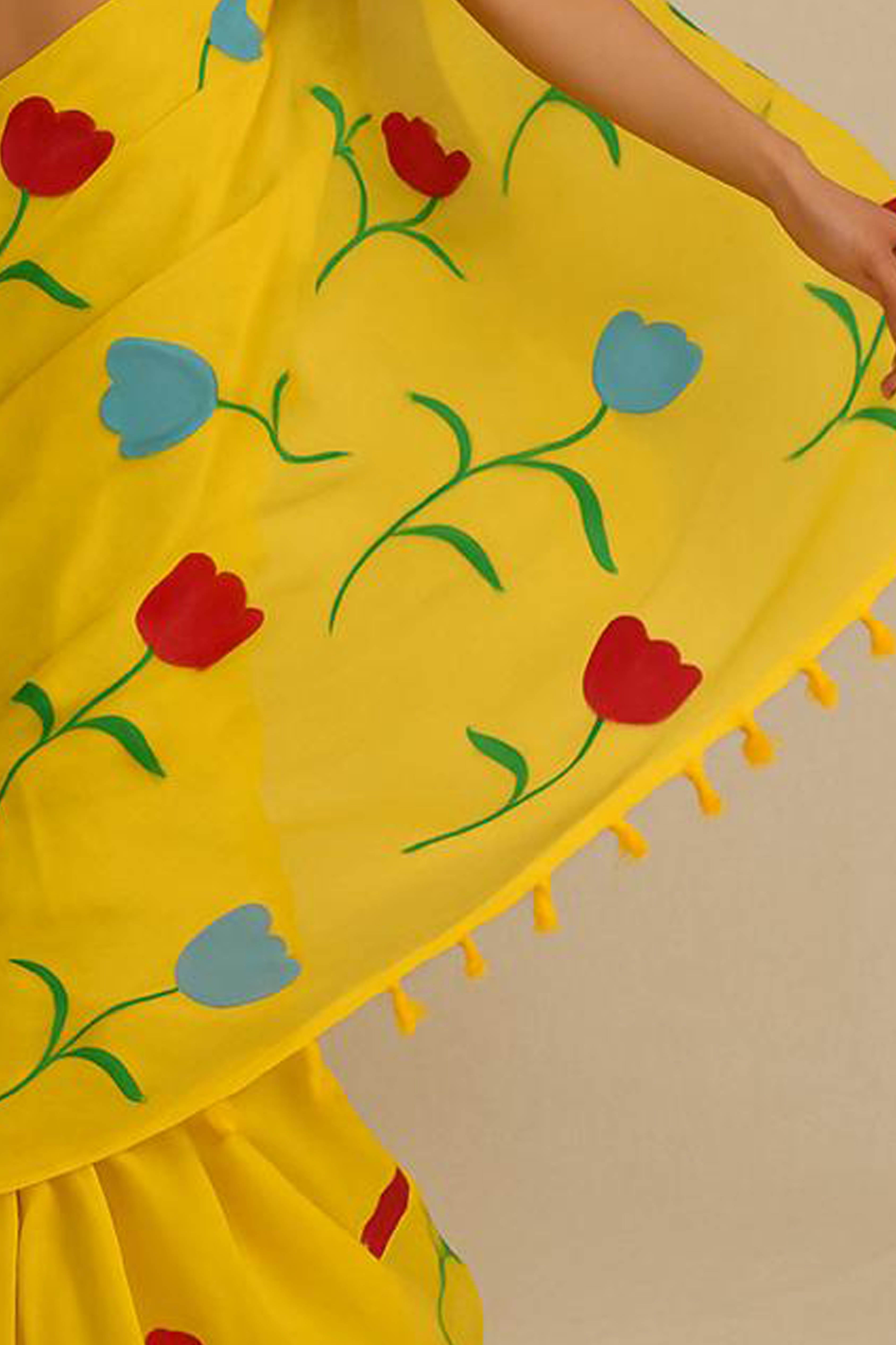 Pure Mul Cotton Yellow Hand Painted Saree - Indian Handloomz