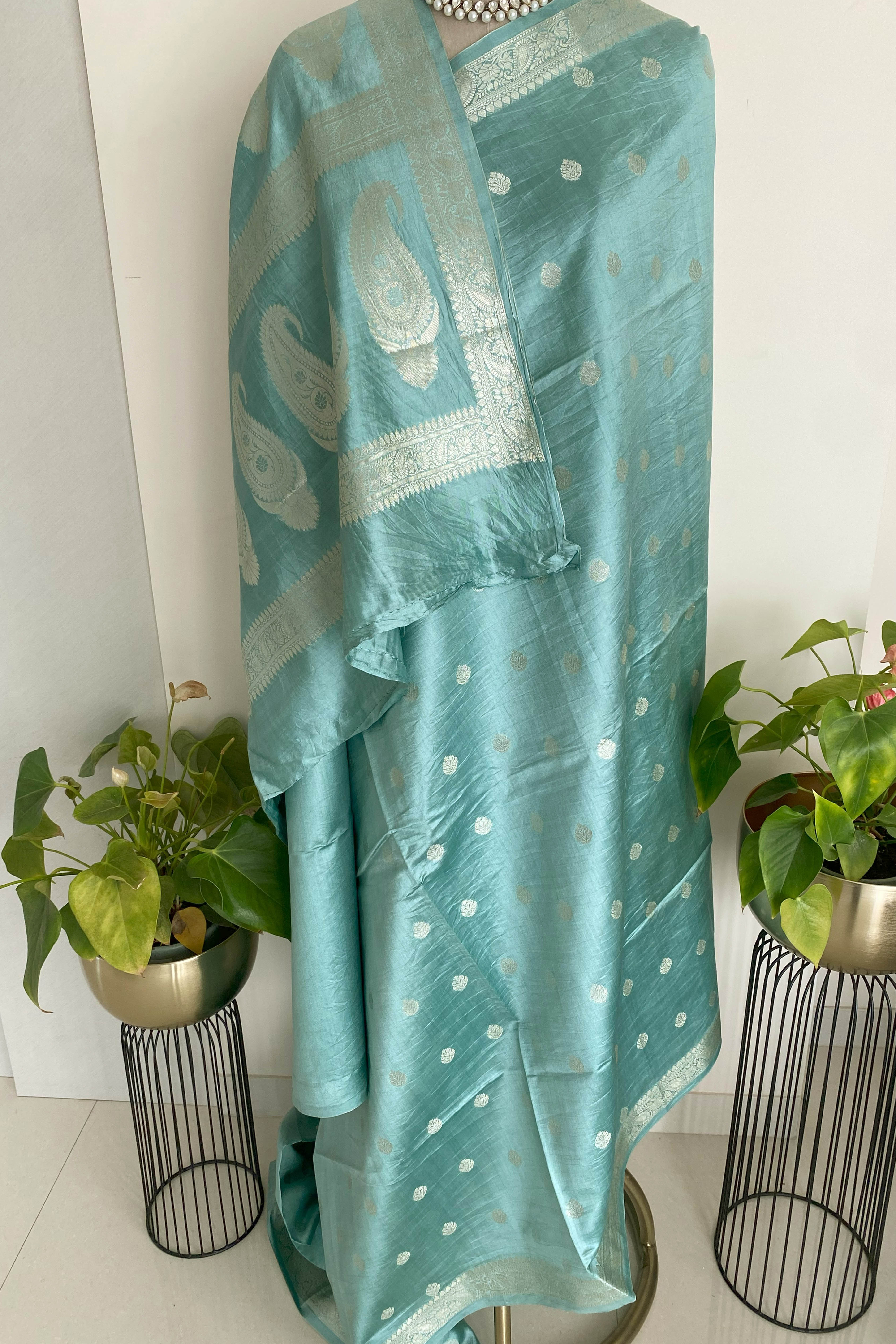 Pure Mulberry Silk Saree in Firozi Blue - Indian Handloomz