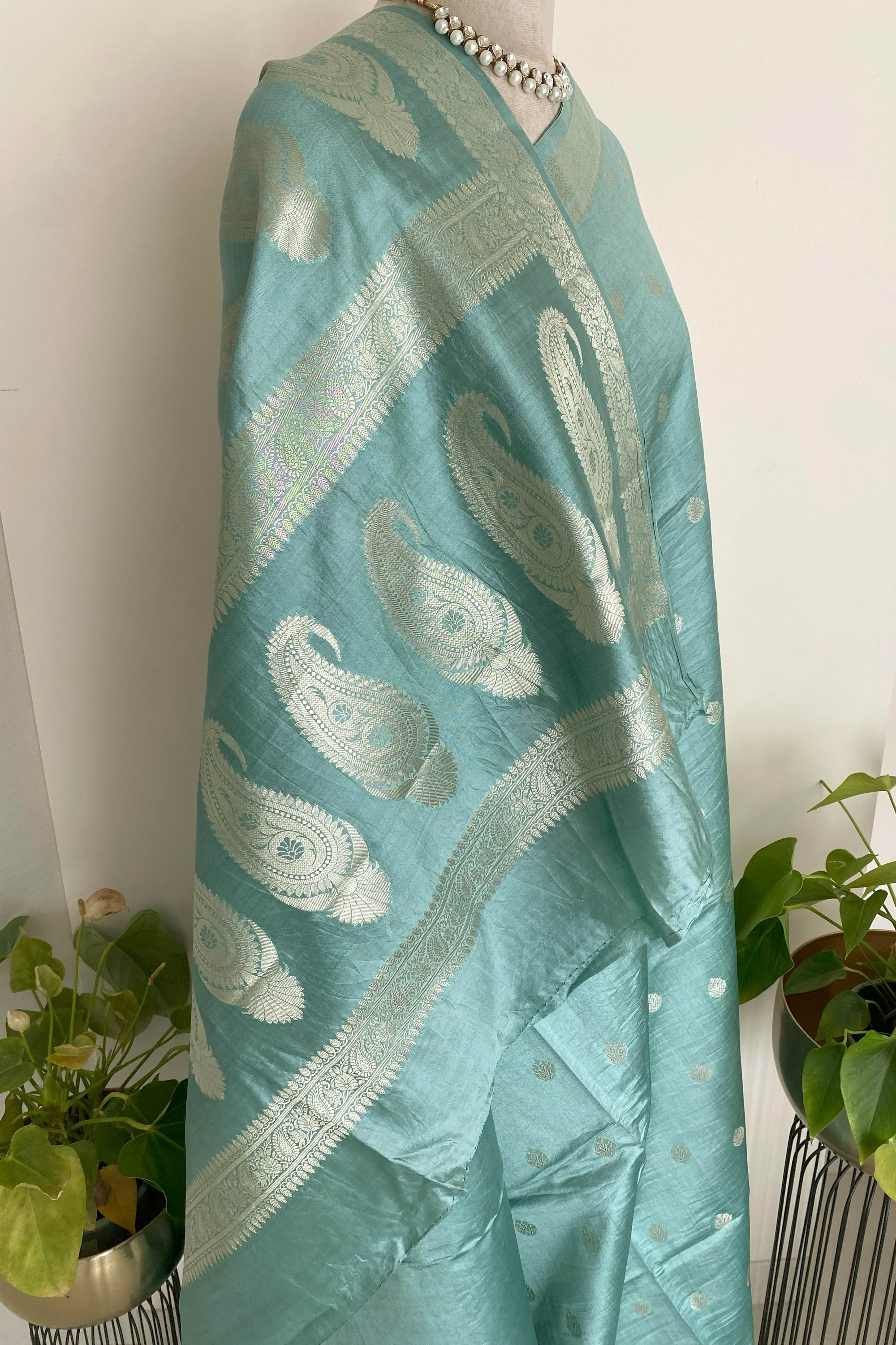 Pure Mulberry Silk Saree in Firozi Blue - Indian Handloomz