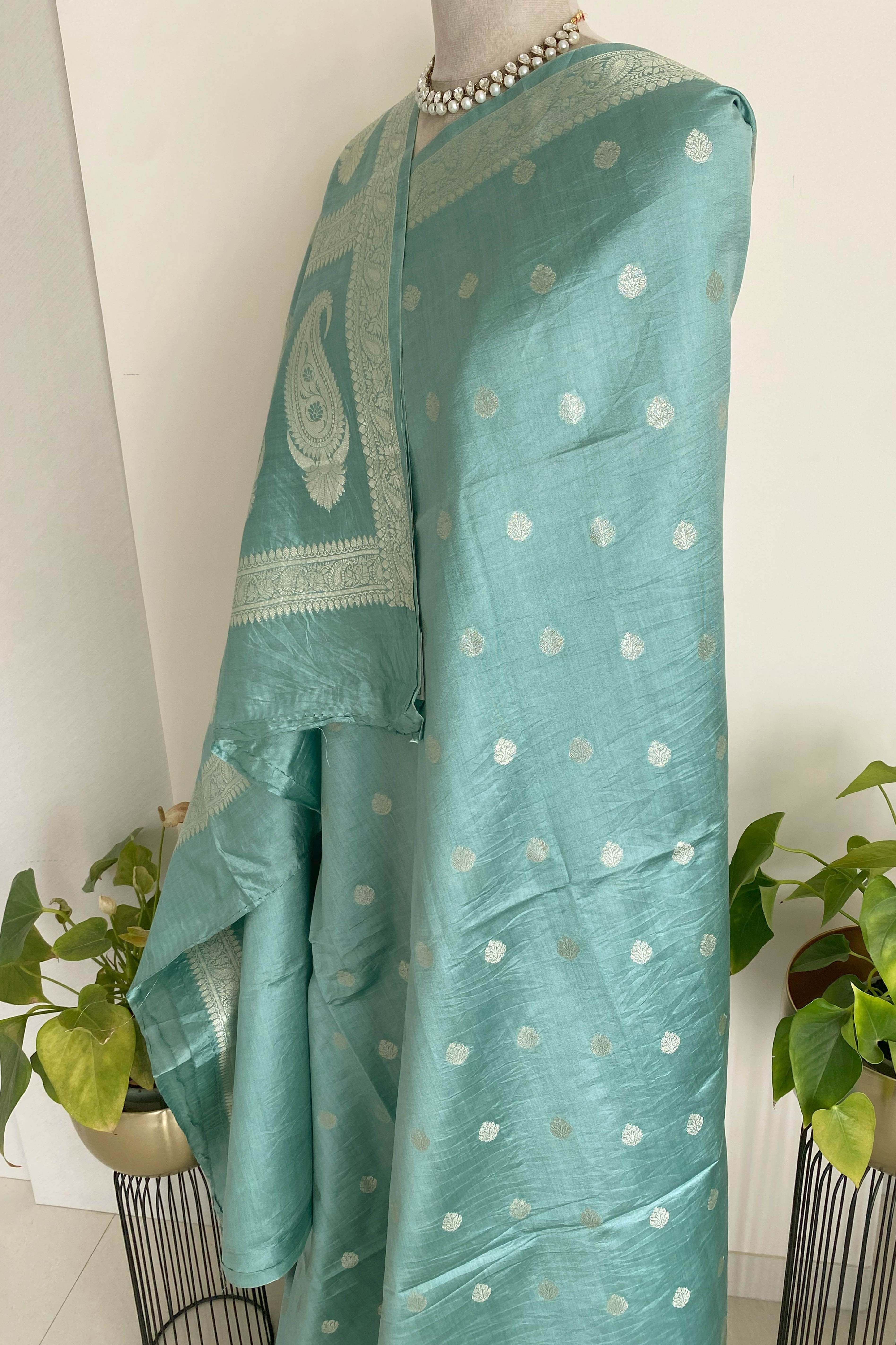 Pure Mulberry Silk Saree in Firozi Blue - Indian Handloomz