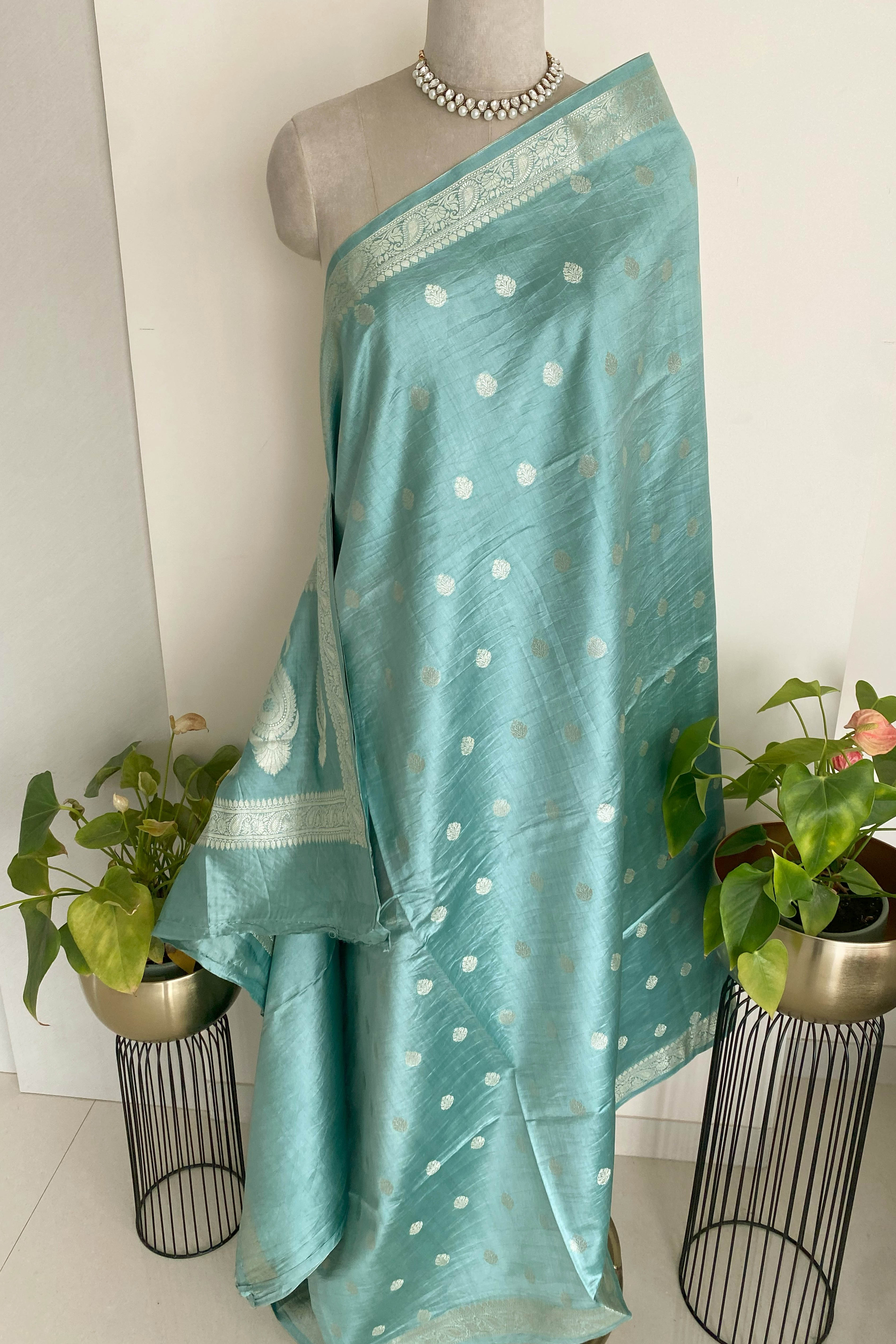 Pure Mulberry Silk Saree in Firozi Blue - Indian Handloomz