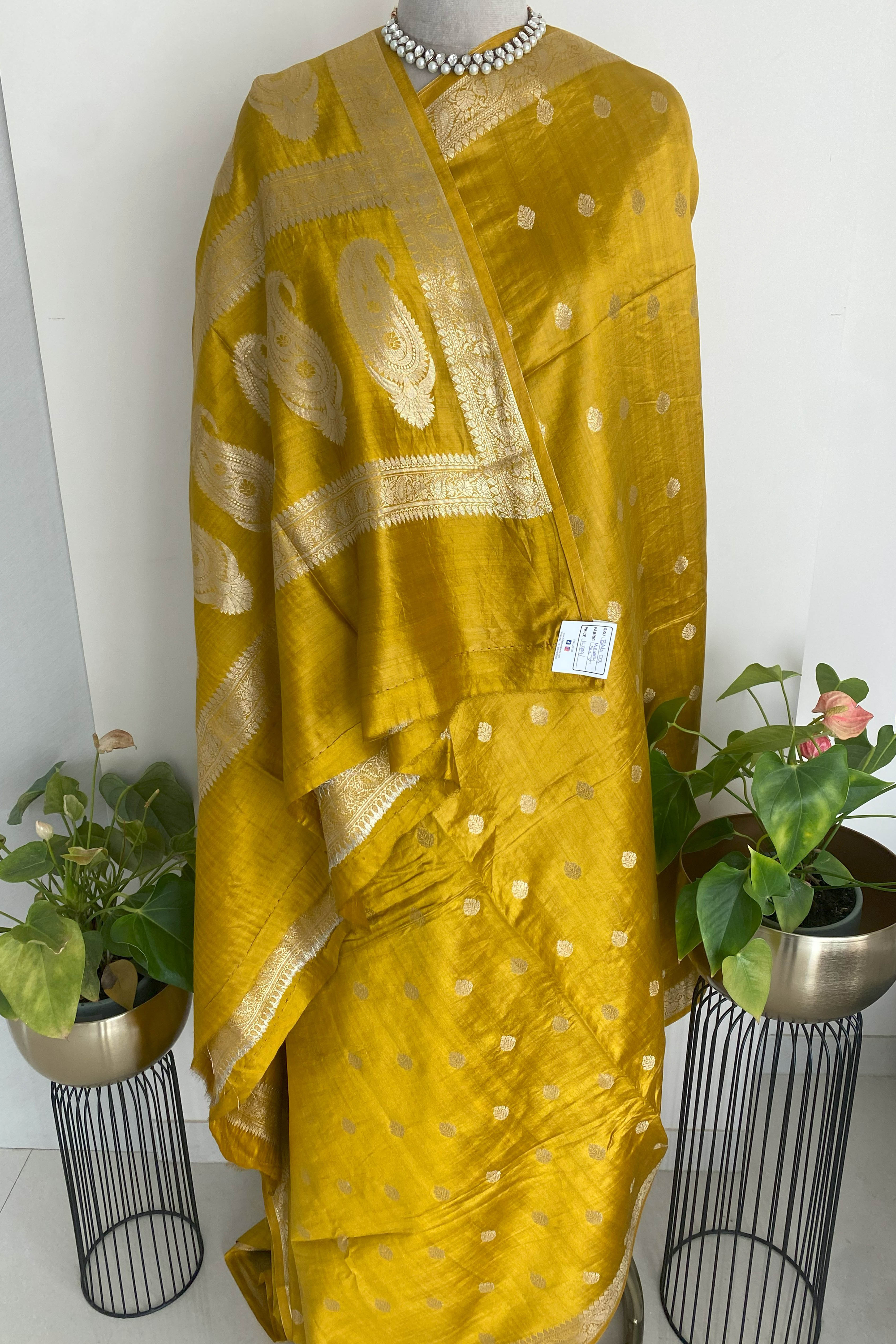 Pure Mulberry Silk Saree in Golden Yellow - Indian Handloomz