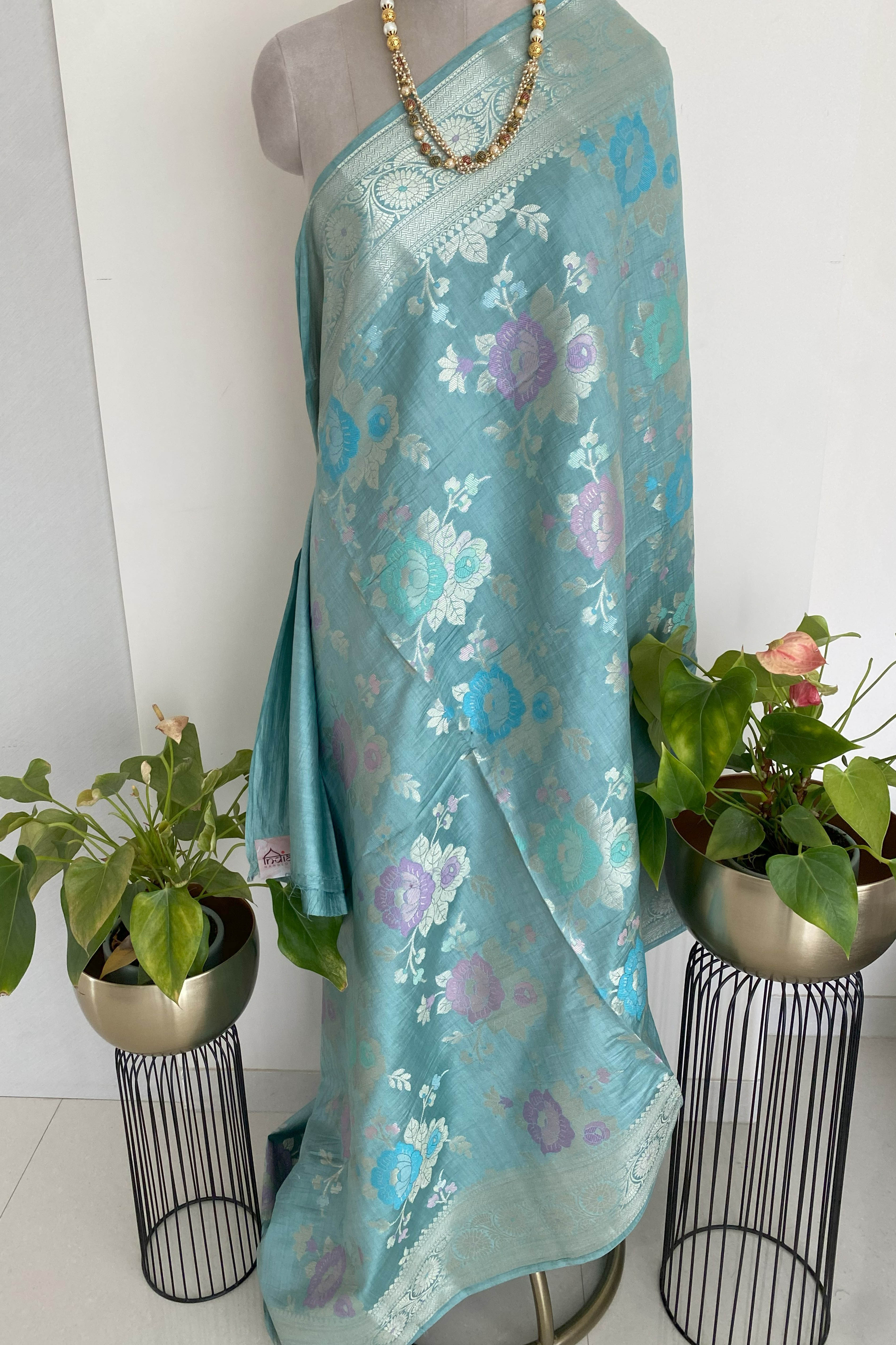 Pure Mulberry Silk Saree in Pastel Blue - Indian Handloomz