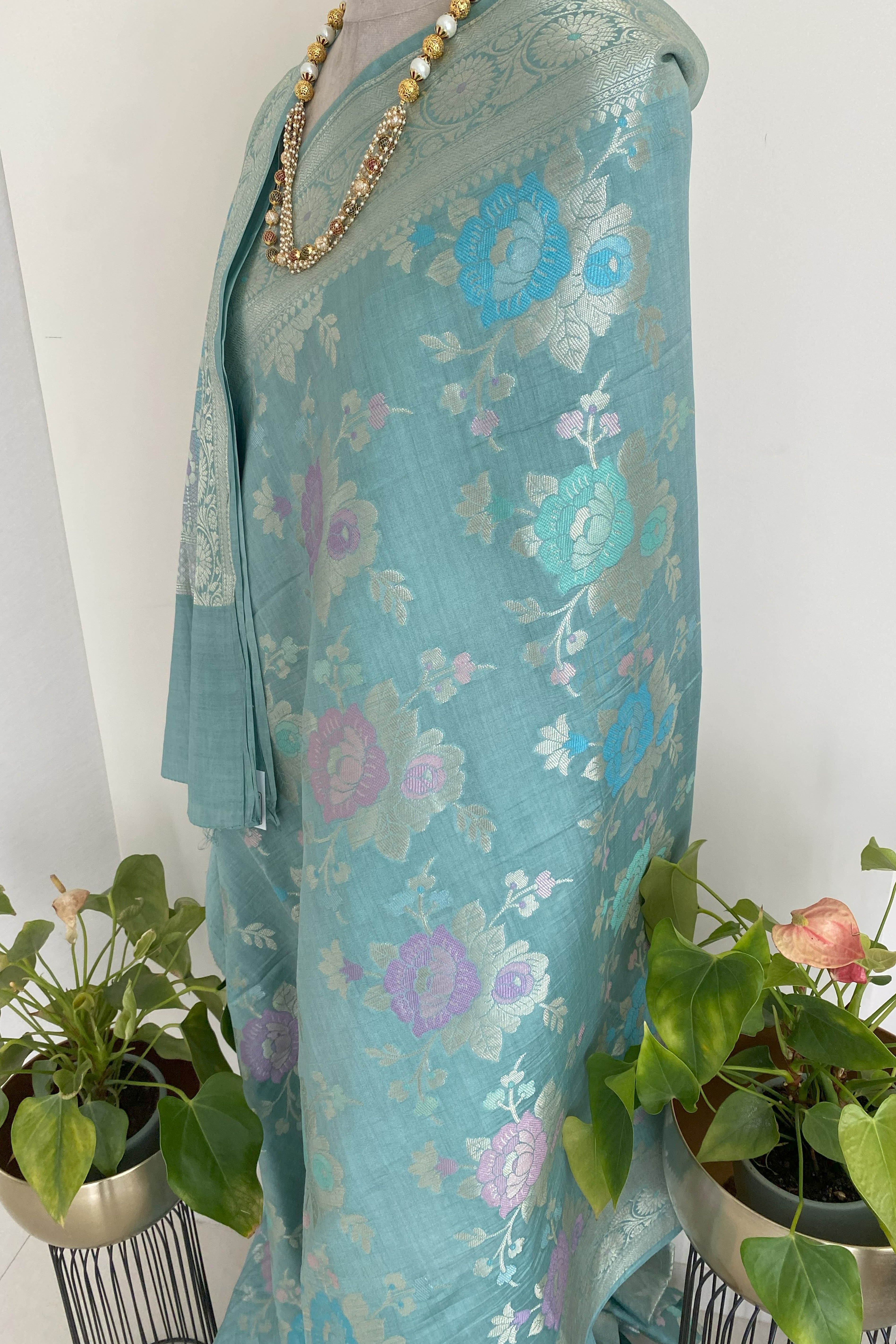 Pure Mulberry Silk Saree in Pastel Blue - Indian Handloomz