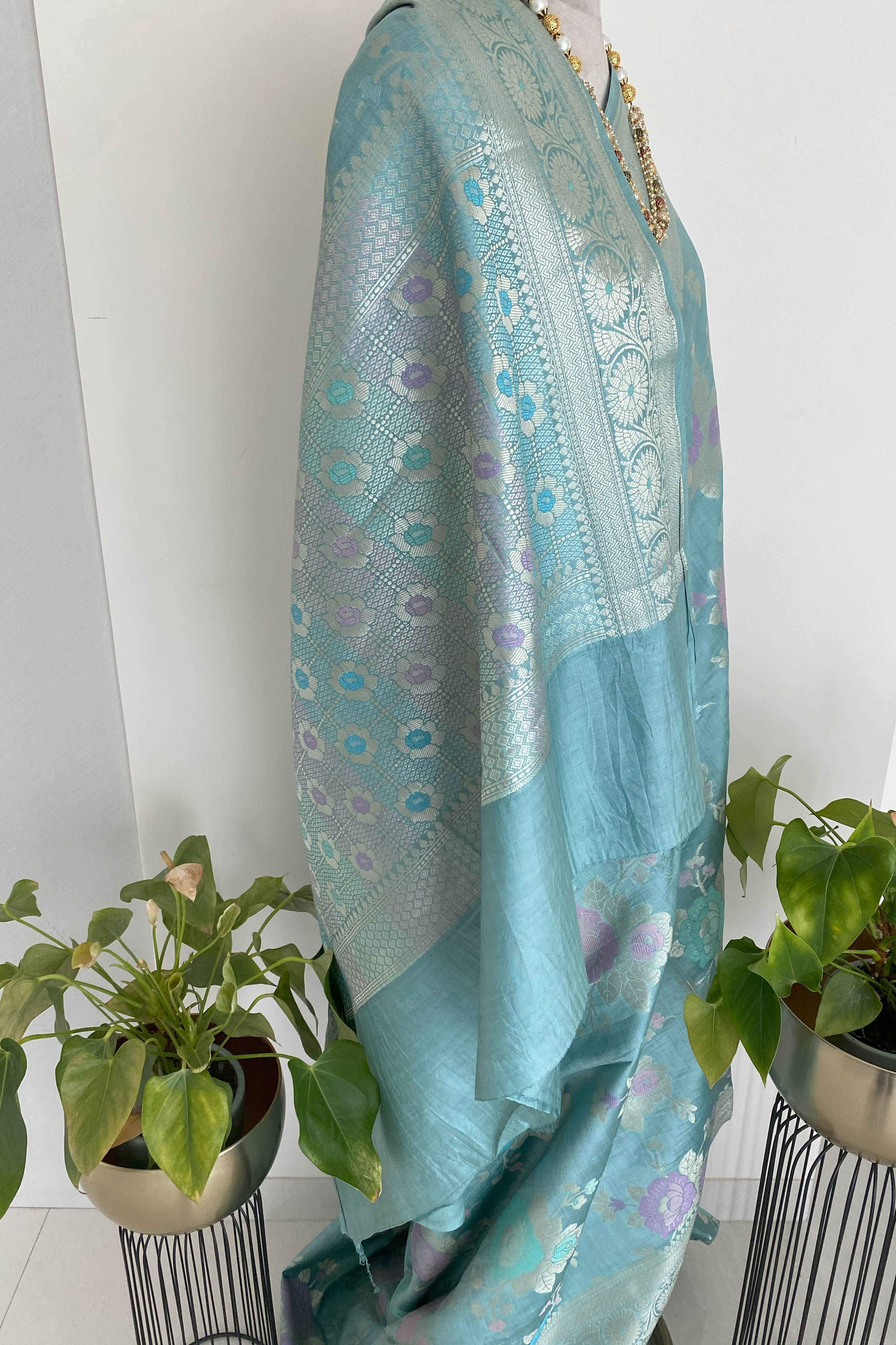 Pure Mulberry Silk Saree in Pastel Blue - Indian Handloomz