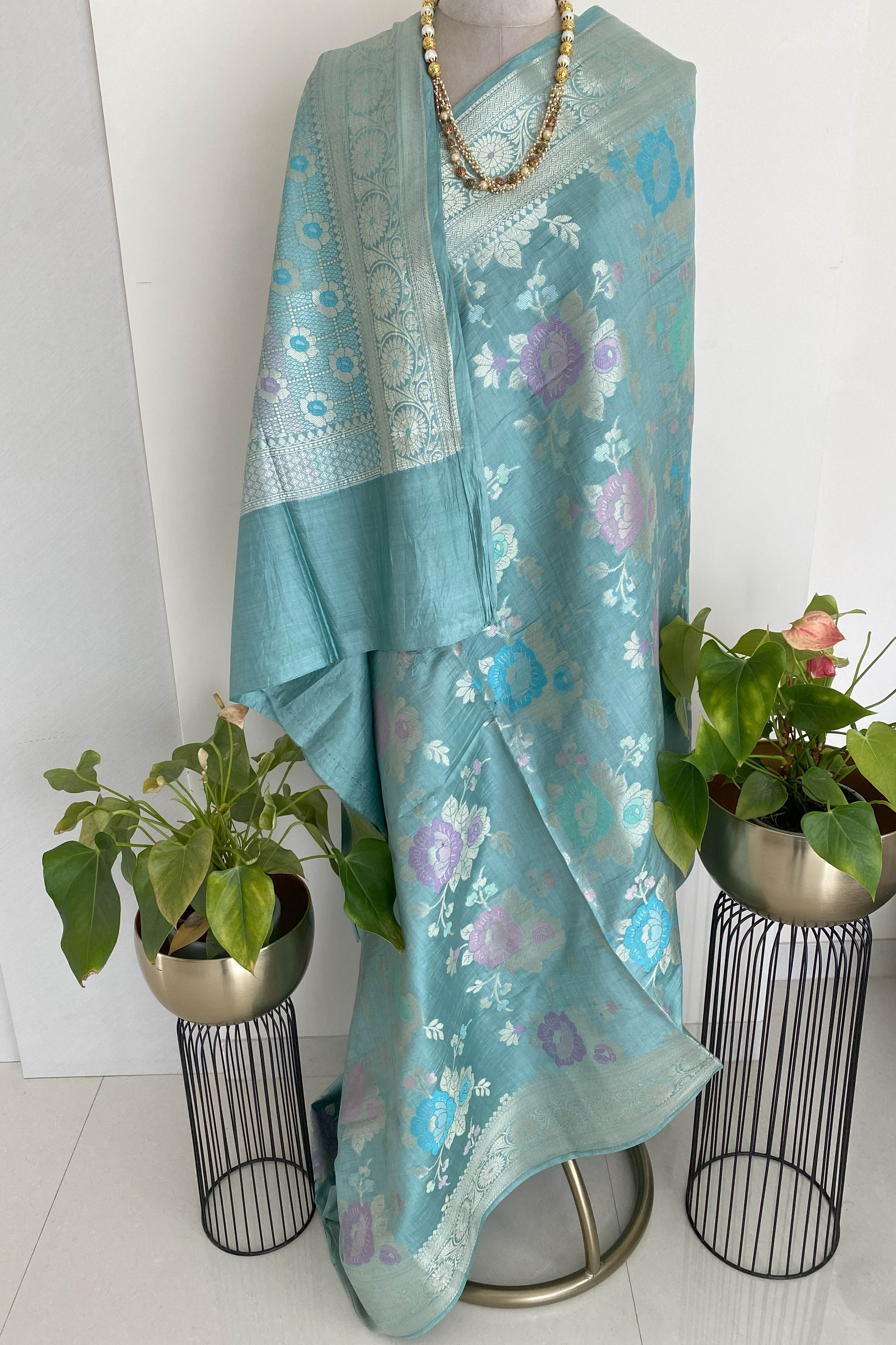 Pure Mulberry Silk Saree in Pastel Blue - Indian Handloomz