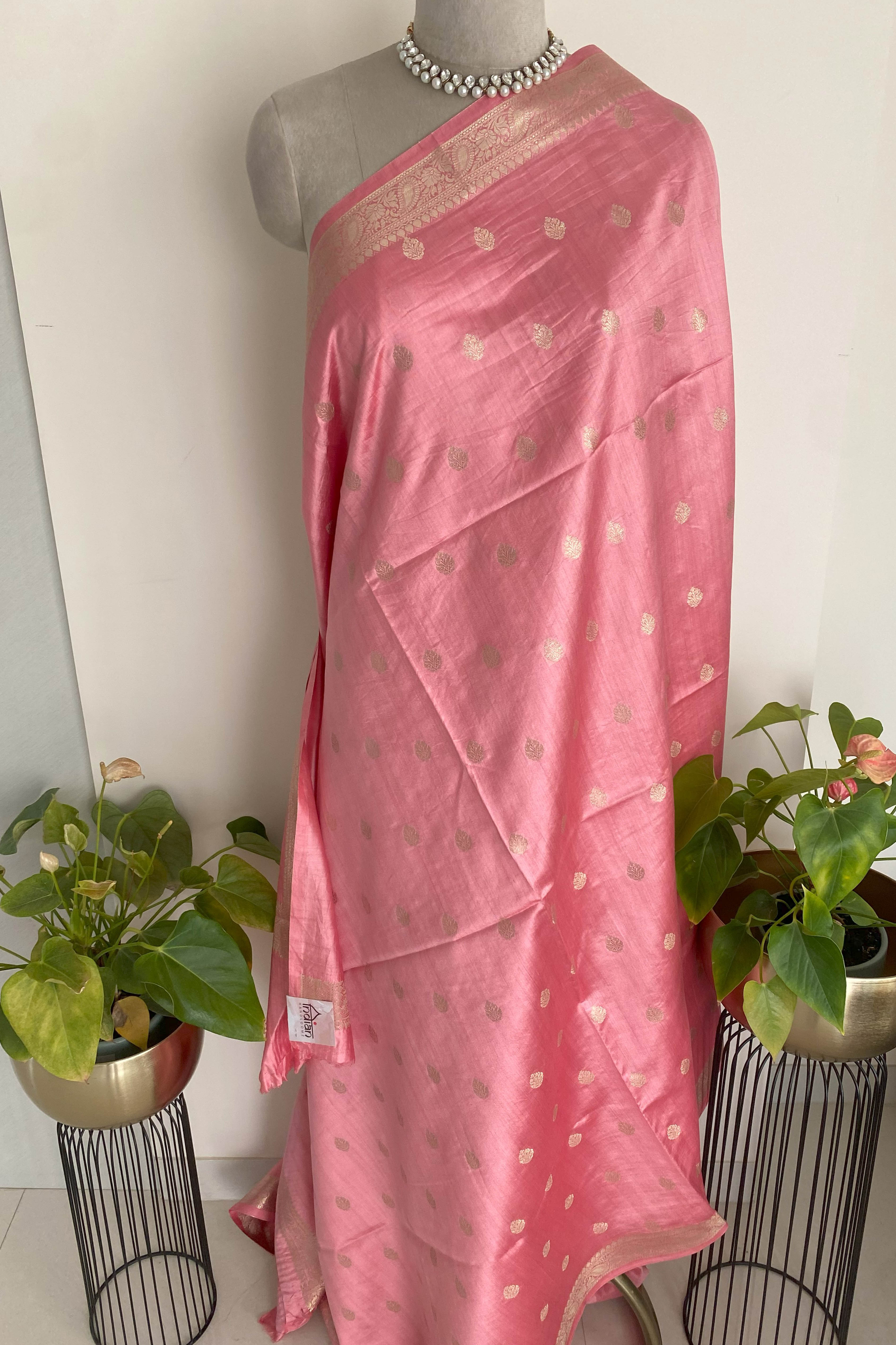 Pure Mulberry Silk Saree in Pink - Indian Handloomz