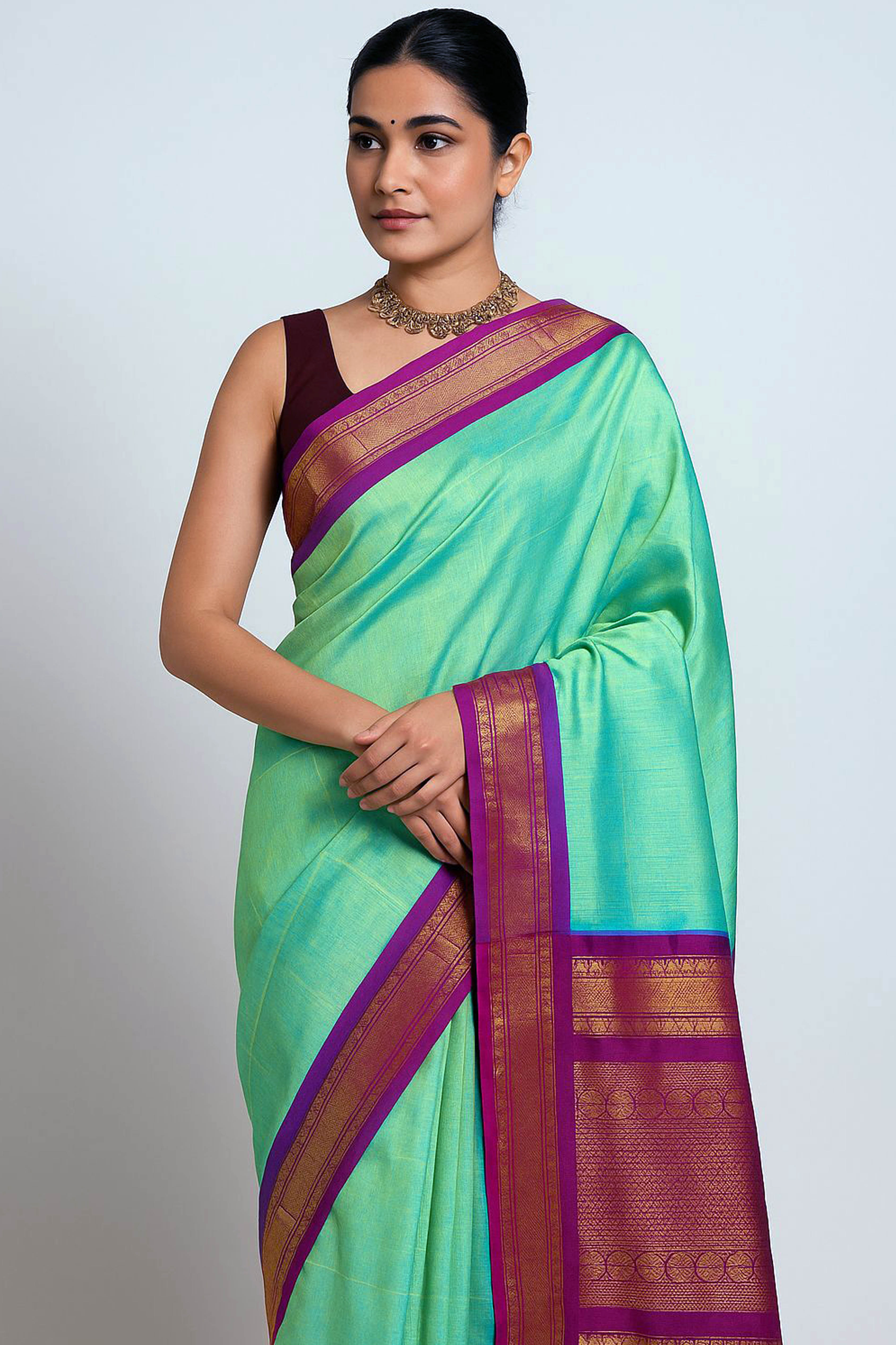 Pure Tissue linen Saree in Aqua Colour - Indian Handloomz