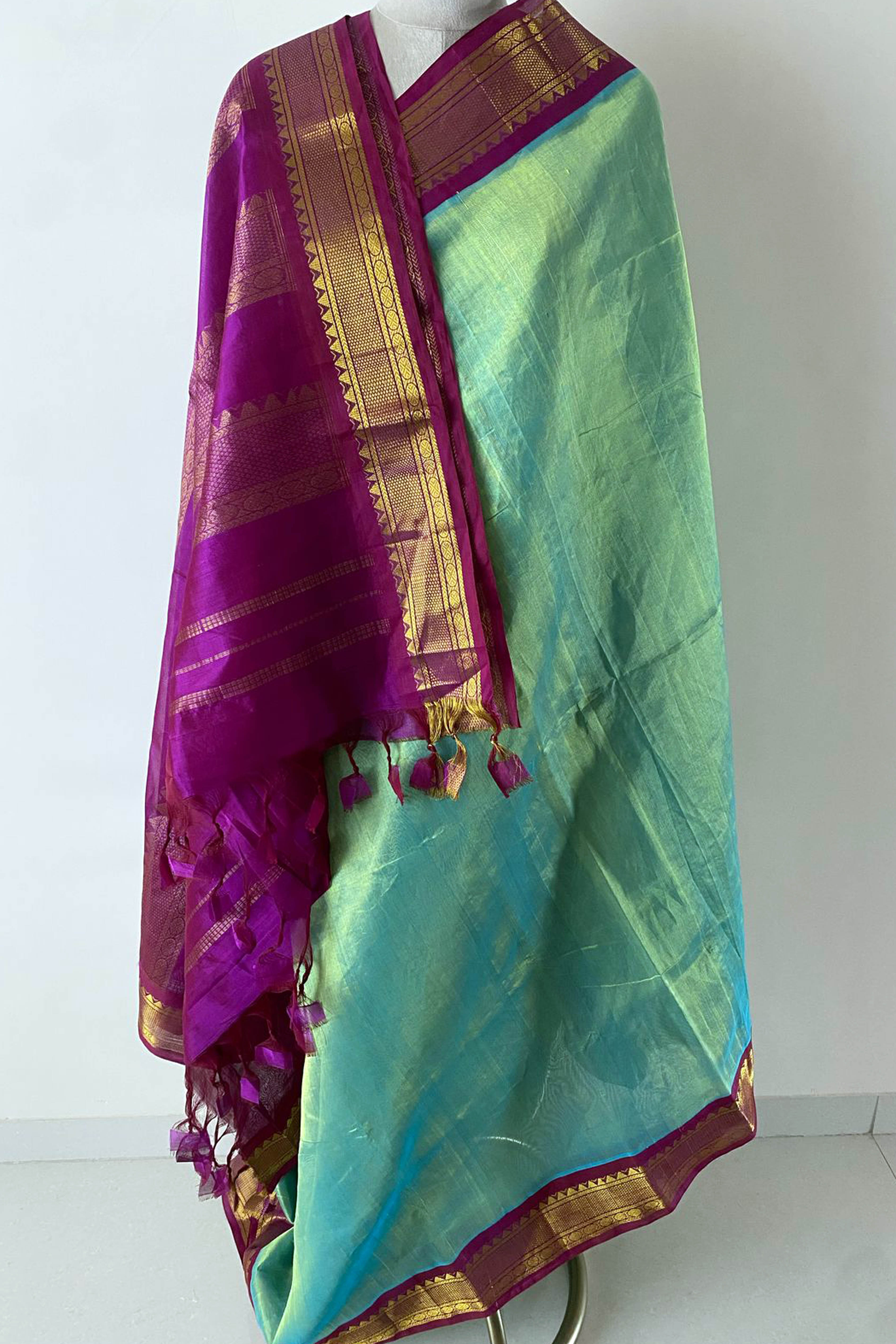 Pure Tissue linen Saree in Aqua Colour - Indian Handloomz