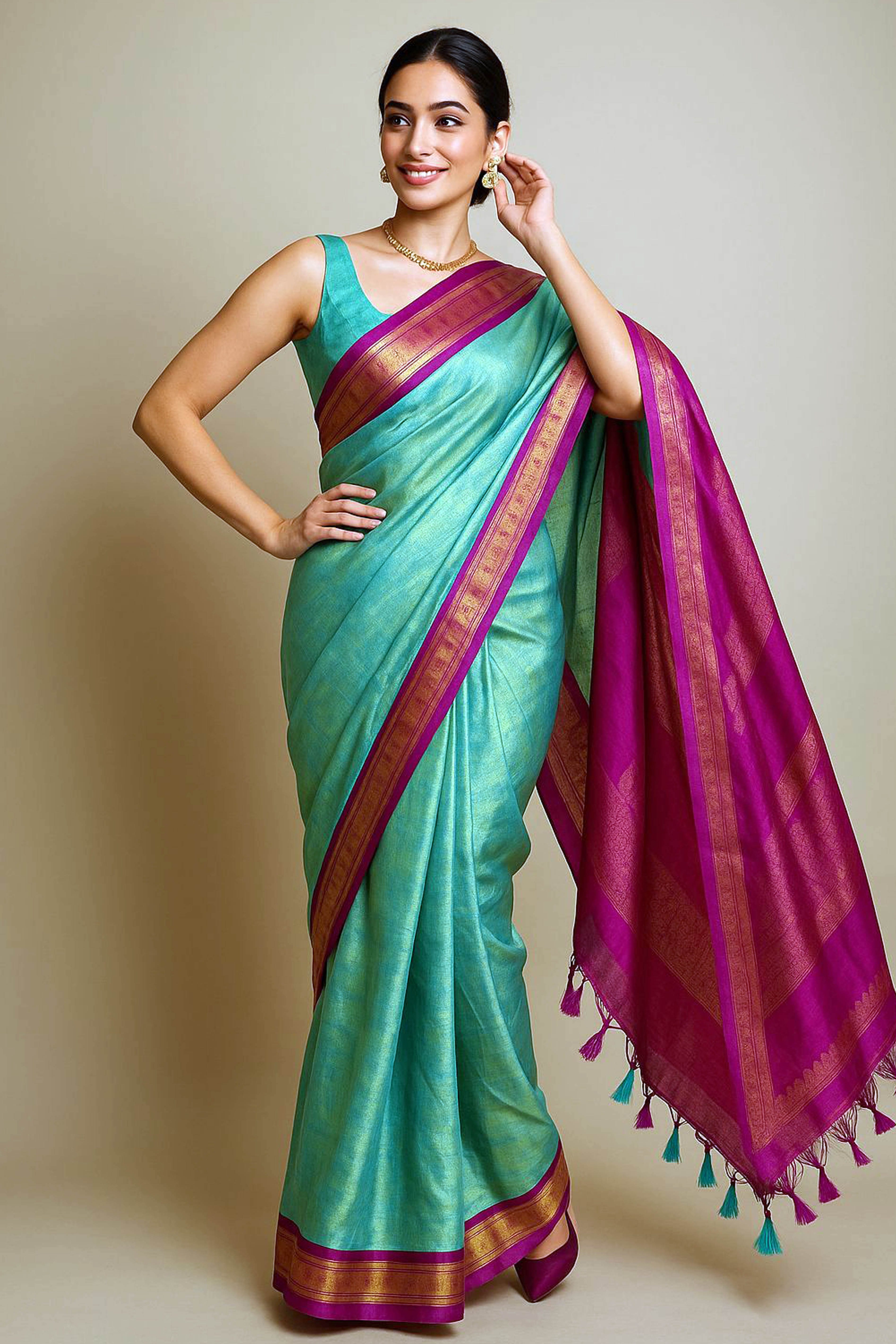 Pure Tissue linen Saree in Aqua Colour - Indian Handloomz