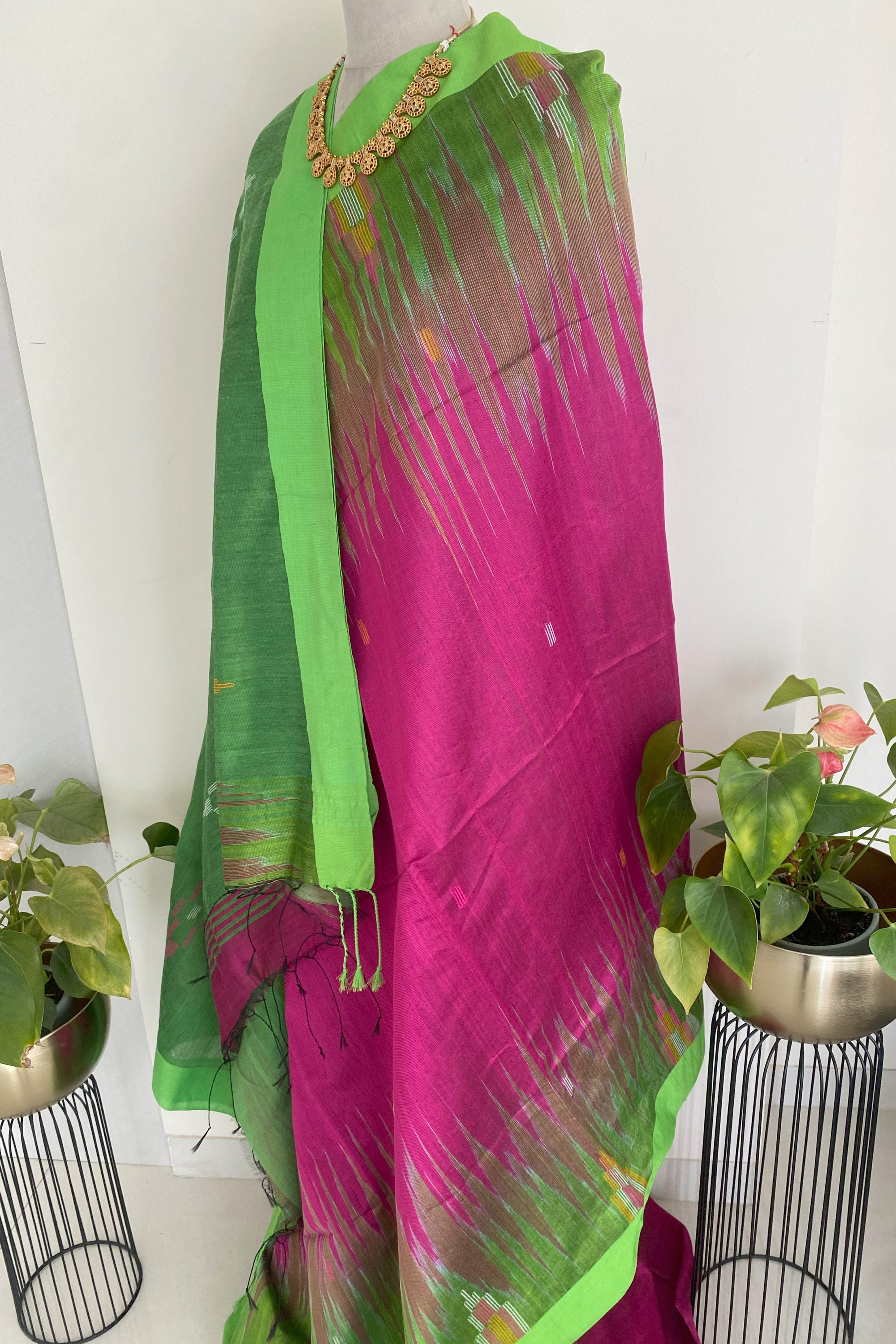 Rani Pink & Green Ikkat Saree - Indian Handloomz