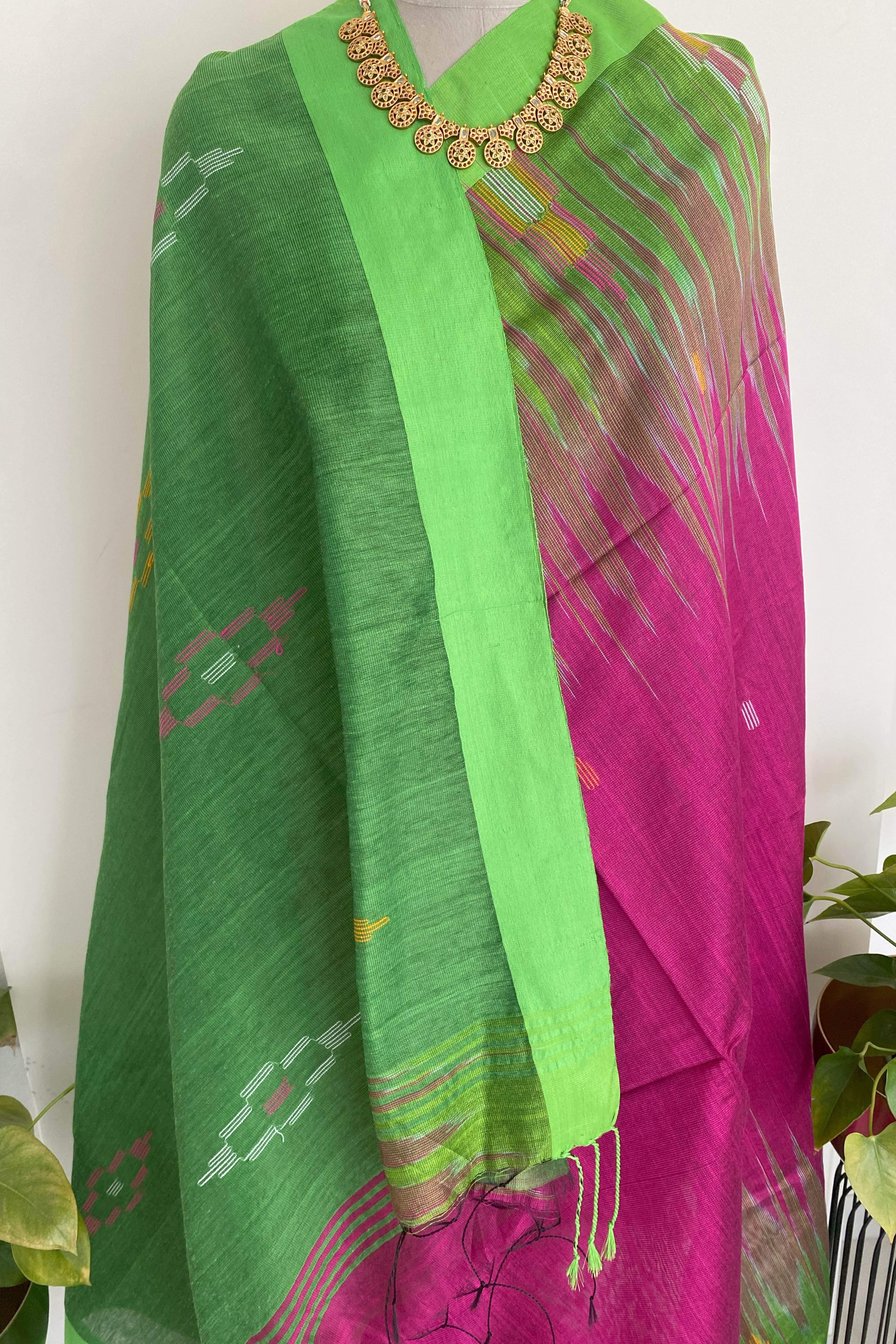 Rani Pink & Green Ikkat Saree - Indian Handloomz