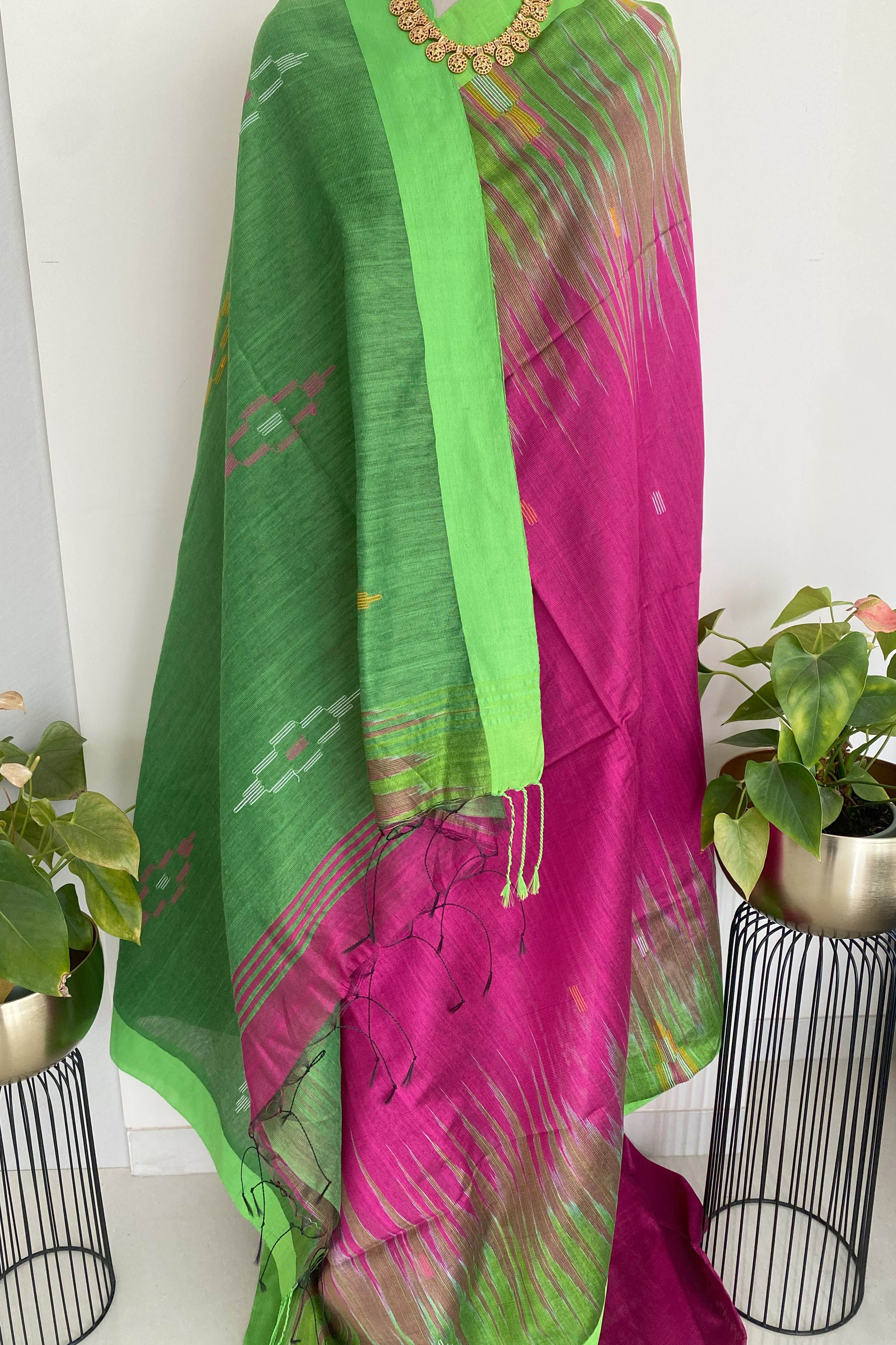 Rani Pink & Green Ikkat Saree - Indian Handloomz