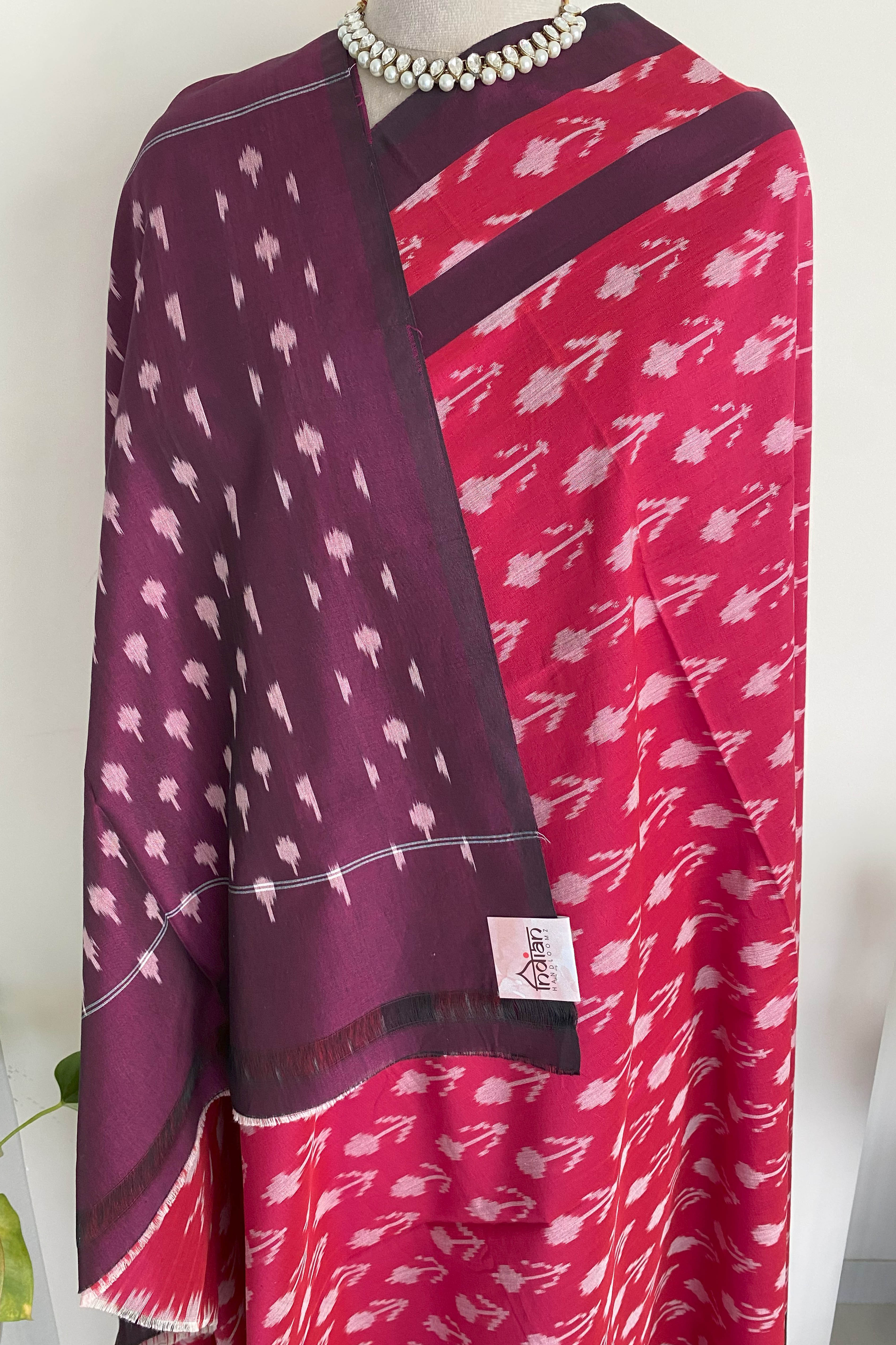 Razberry Pink Ikkat Saree in Two Tone Shades - Indian Handloomz