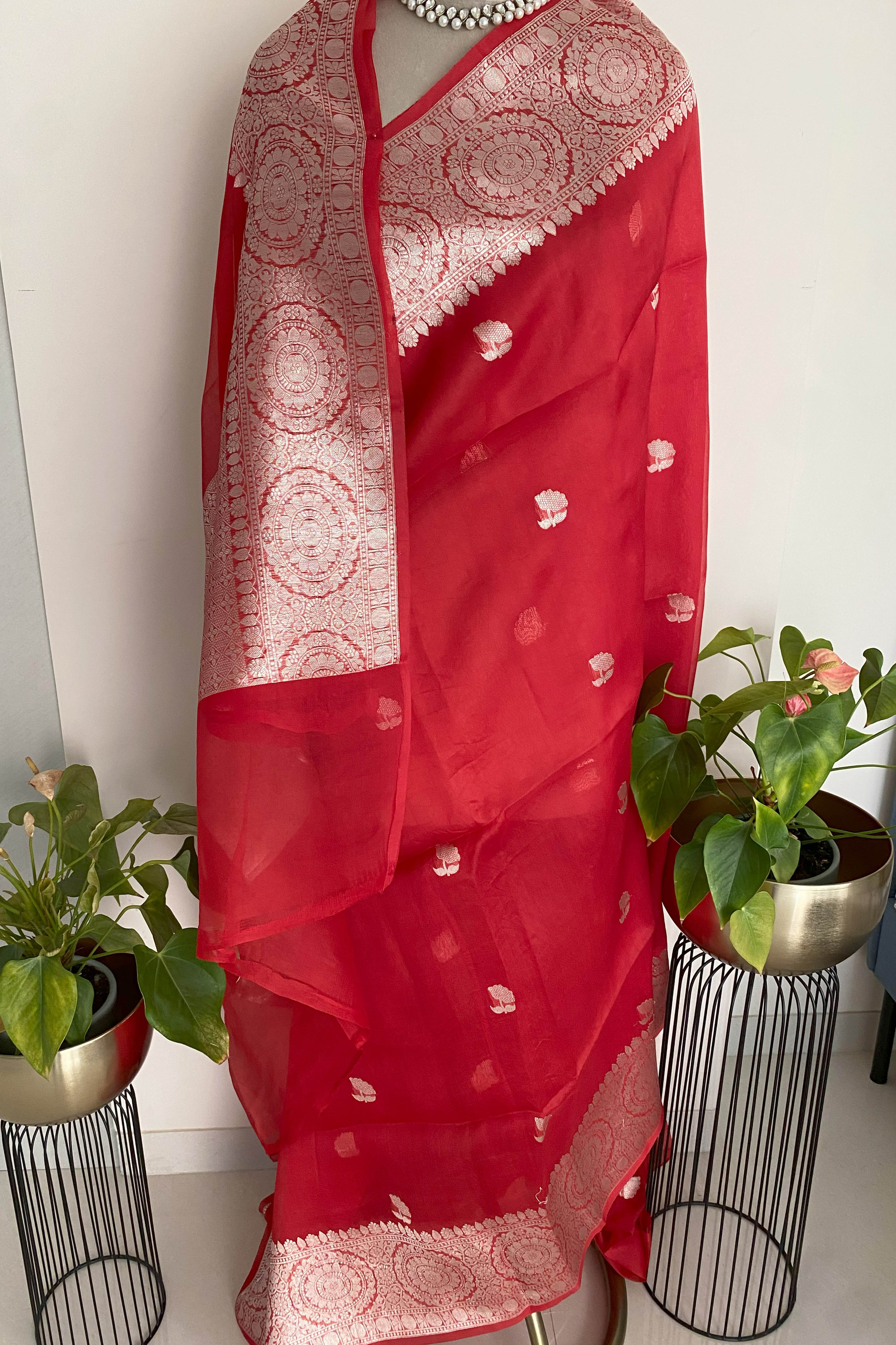 Red Pure Organza Banarasi Silk Saree - Indian Handloomz