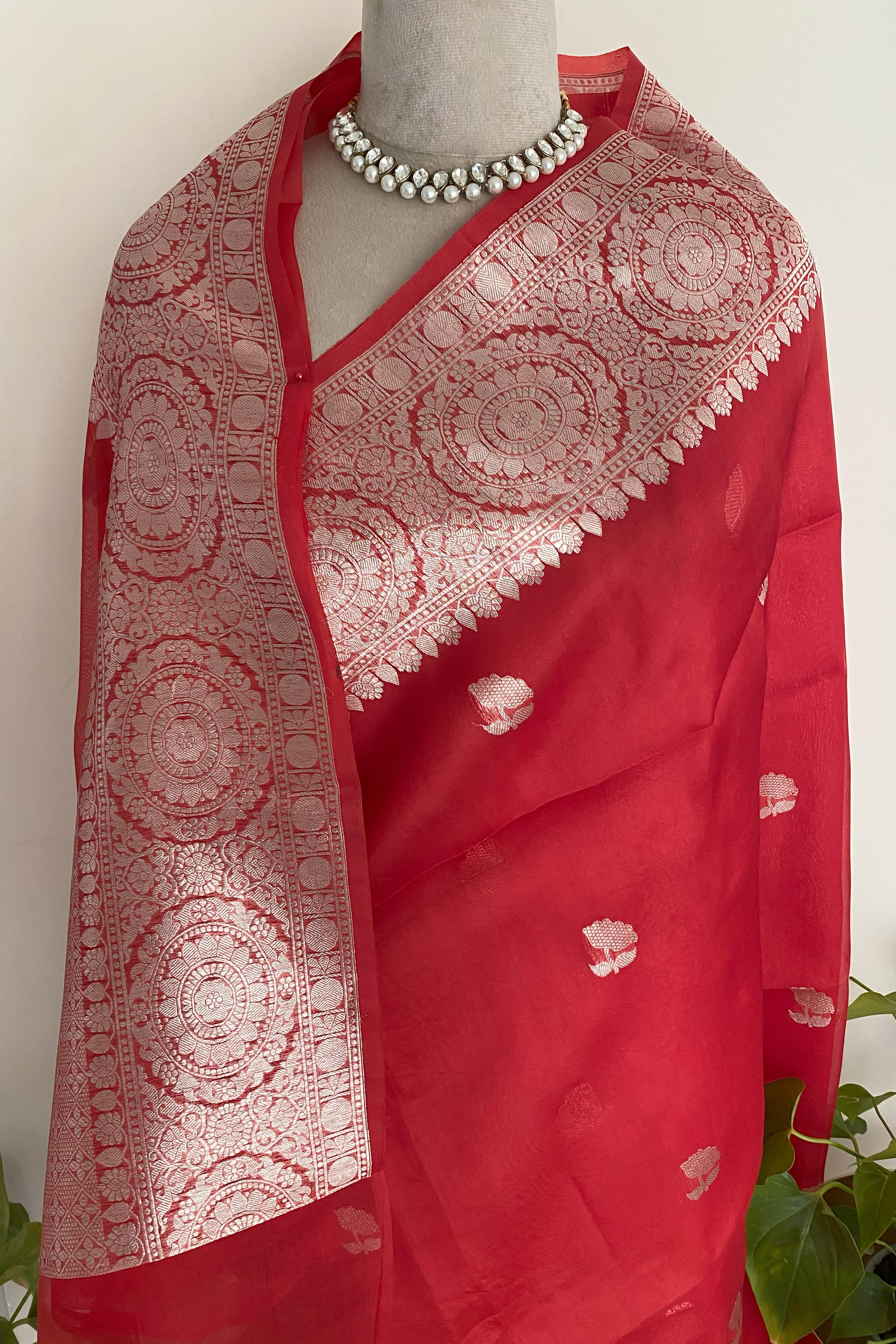 Red Pure Organza Banarasi Silk Saree - Indian Handloomz